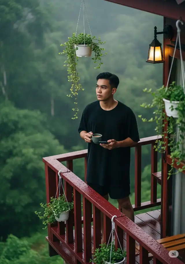 Prompt by @nierputrahasibuan4  Foto vertikal dengan rasio 3:4, bergaya sinematik ultra-realistis dalam resolusi tinggi (HD). Diambil dari sudut pandang atas (top view) dengan jarak dekat, menampilkan seorang pria muda khas asia tenggara berusia sekitar 25 tahun, berkulit sawo matang, berambut hitam dan rapi, bertubuh ramping dan tinggi sedang. la berdiri di balkon rumah panggung kayu berwarna merah marun yang menjorok ke arah hutan hujan tropis yang lebat dan berkabut. pria itu menggunakan kaos hitam oversized, dan celana pendek gelap. la memegang secangkir kopi hangat dengan tangan kanannya, sementara tangan kirinya memegang smartphone. la tampak menikmati momen tersebut dengan pandangan nya yang menatap ke kejauhan sambil dikelilingi gerimis lembut yang turun perlahan. Balkon dihiasi pot-pot tanaman gantung dan sebuah lampu kuning hangat yang menyala, menciptakan suasana nyaman dan damai. Tetesan hujan terlihat membasahi pagar kayu balkon, sementara kabut tipis menyatu dengan pepohonan tropis hijau tua di latar belakang. Pencahayaan alami yang lembut khas pagi atau sore hari memberikan nuansa kehijauan dengan sedikit desaturasi untuk kesan filmis yang menenangkan. #ai #gemini #prompt 