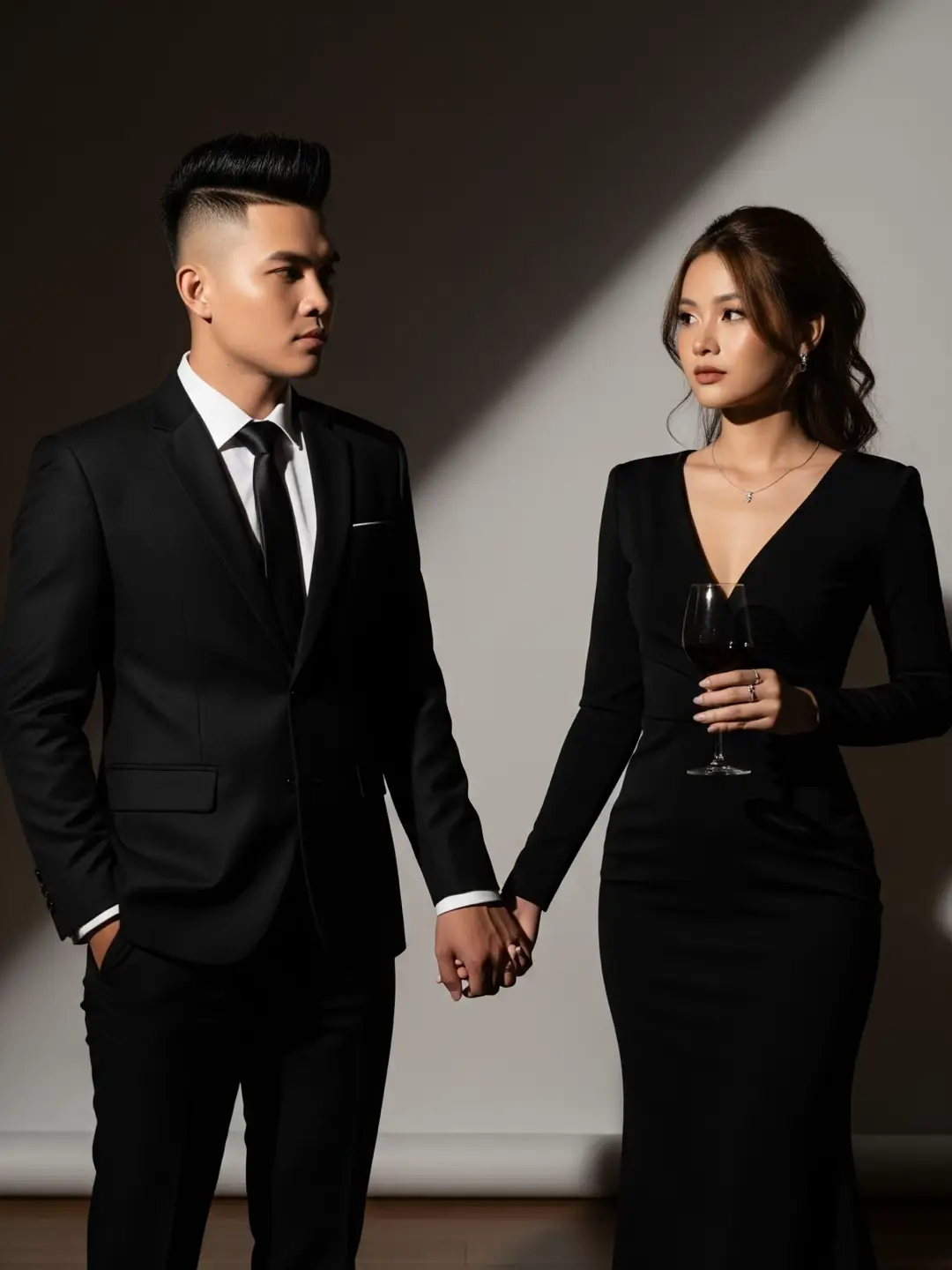 Ảnh phong cách điện ảnh (cinematic style) 📸  👩‍❤️‍👨 Prompt : Create a strong contrast, highlighting the main character. Oblique light from behind on the right: Creates a light spotlight effect, creating depth and a luxurious, sophisticated atmosphere. Light wooden floor: Creates a neutral background to help balance the overall color tone. Young male character Square-angled face - clear jaw, wide forehead, square chin. This is a masculine, strong face. Side Part Pompadour Fade hairstyle cut high on both sides, short bangs. Wear a classic black vest, white shirt and black tie - a symbol of the classic and elegant 
