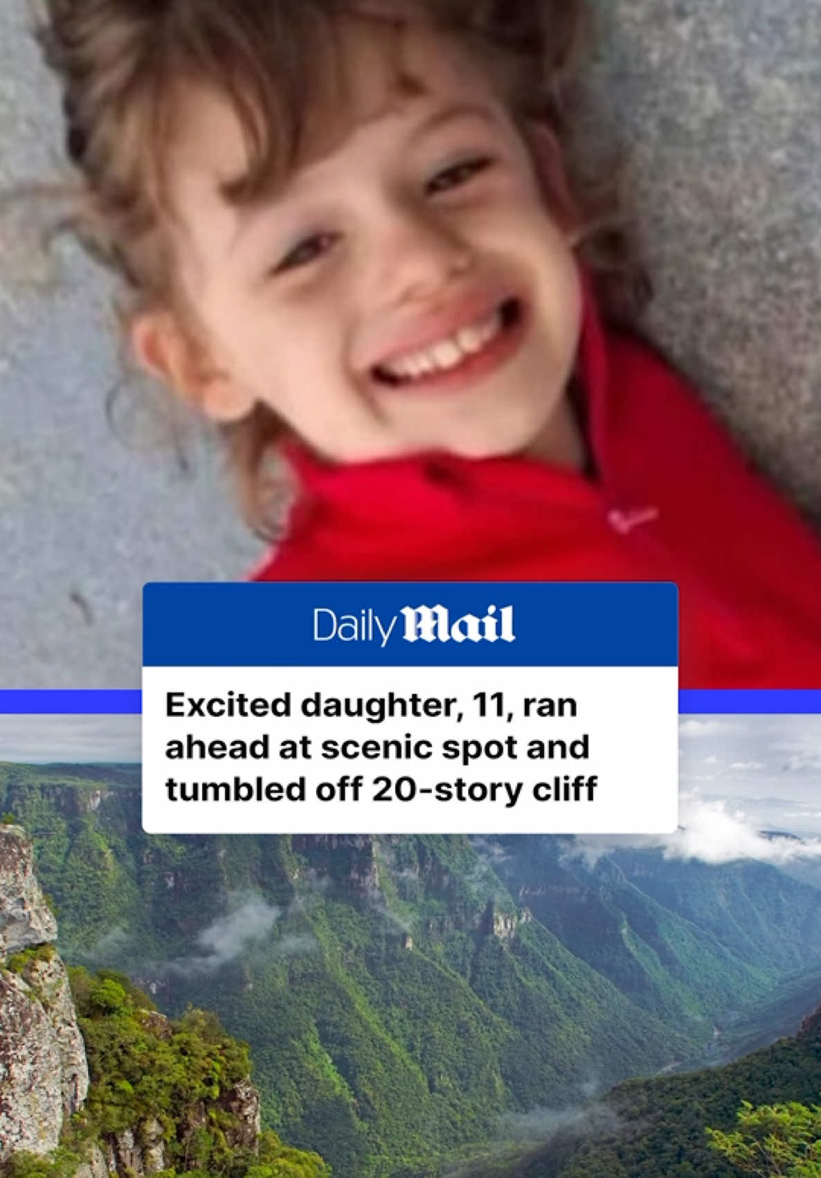 A grieving couple have been inundated with criticism after their excited child ran ahead of them on vacation and fell to her death from a huge cliff. Bianca Zanella and her family were on vacation last Thursday when the 11 year-old ran away from her father and tumbled down Fortaleza Canyon in Cambará do Sul, a Brazilian city in the southern state of Rio Grande do Sul. She died on impact. Zanella's parents and her two younger brothers returned to Curitabá – where they reside in the nearby state of Paraná – on Friday and the little girl's body arrived Saturday for the wake and burial services. Read what happened next at DailyMail.com. #news #brazil #family #nature #cambaradosul 