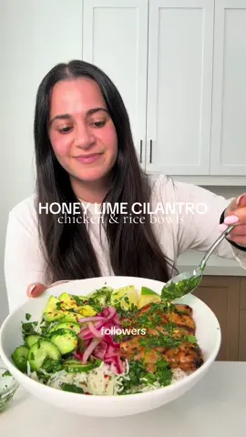 honey lime cilantro chicken & rice bowls and a little about me 🩷 Honey-Lime Cilantro Chicken & Rice Bowls Serves 4 Chicken Marinade 1/3 cup olive oil 1 tbsp paprika 1 tbsp salt 1 tbsp onion powder 1 tbsp garlic powder 1 tsp cumin 1/2 tsp red chili flakes 2 garlic cloves, grated 1 tbsp honey Freshly cracked black pepper Juice & zest of 2 limes For the Bowls 2 cups cooked white rice 1/2 cup pickled onions (recipe on my page) 2 tbsp fresh cilantro, chopped 4 mini cucumbers, sliced 2 ripe avocados, sliced Honey-Lime Dressing 1/2 cup olive oil 1 tbsp red wine vinegar 1 tbsp Dijon mustard 1 tbsp honey 1 tsp salt 1/2 tsp red chili flakes Freshly cracked black pepper 1 garlic clove, grated Juice & zest of 1 lime #homecook #EasyRecipes #motivation #healthyrecipes 