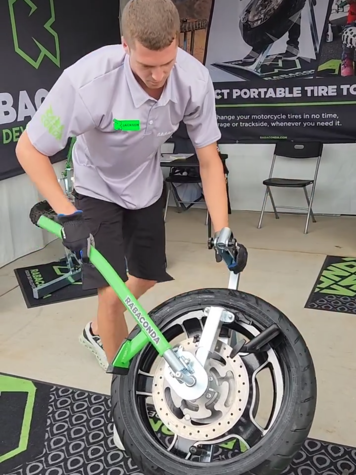 Jackson makes tire swaps look easy! 👀 You can too with the Rabaconda Street Bike Tire Changer. 💪 🛠️ Turn tough jobs into a piece of cake. 🔗 Link in bio! #rabaconda #streetbiketirechanger #portabletiretools