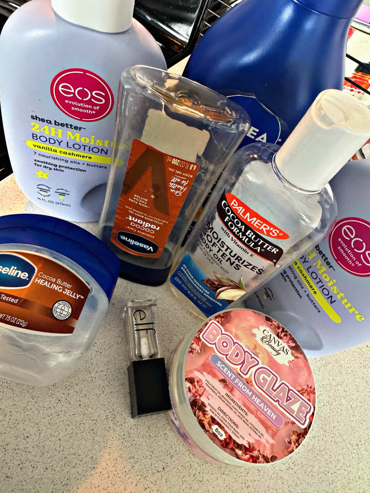 What can I say, I love to moisturize 🥰 Empty Products Mentioned  @eos Products Lotion  @NIVEA Lotion @Palmer's Body Oil @Vaseline Cocoa Butter Products  @CANVAS BEAUTY BRAND Body Glaze @e.l.f. Cosmetics Lip Oil  #beautyhaul #emptiesreview #bodycareproducts #nighttimeroutine #affordablebeauty 