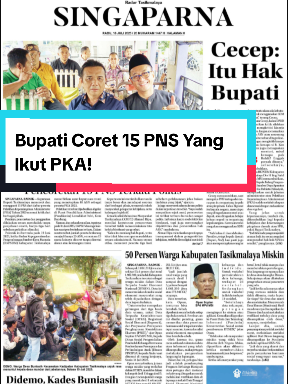 Cecep : Pencoretan 15 ASN Hak Prerogatif Pimpinan Daerah SINGAPARNA - Soal pencoretan 15 Aparatur Sipil Negara (ASN) yang mengikuti Pelatihan Kepemimpinan Administrasi (PKA), Bupati Tasikmalaya Cecep Nurul Yakin menyebutnya sebagai hak prerogatif pimpinan daerah alias bupati. “Prinsipnya menempatkan orang itu adalah hak prerogatif pimpinan daerah (Bupati,Red). Jadi kalau DPRD mengkritisi, silahkan kritik kinerjanya. Kan tugas DPRD itu pengawasan, budgeting dan legislasi,” ungkap Cecep, usai menghadiri rapat pimpinan di Pendopo Baru, Selasa (15/7/2025). Cecep mencontohkan, saat mengutus ASN bertugas kemana itu tergantung kepala atau pimpinan. Kalau di pusat itu kepala negara, mau siapa yang ditugaskan menteri atau deputi, atau ditugaskan belajar keluar negeri itu tergantung kepala negara, yang akan menggunakan SDM itu.  “Nah kalau di daerah bukan Presiden, tetapi kepala daerah (Bupati,Red), kan pasti juga akan mempersiapkan orang yang ke depan, tentu akan ada kebutuhan untuk menggunakan SDM tersebut,” terang Cecep.  Jadi kalau DPRD, kata Cecep, mengkritik silahkan untuk mengkritisi kinerja ASN-nya. Jangan menanyakan kenapa ASN atau seseorang pegawai tersebut ditugaskan.  “Jadi jangan mengkritik kenapa si a atau kenapa si b. Kan Presiden juga menugaskan menteri, misal kenapa pak Bahlil?, enggak pernah ditanya,” selorohnya, menambahkan.  Kepala BKPSDM Kabupaten Tasikmalaya Drs H Iing Farid Khozin MSi menambahkan, melalui Kepala Bidang Pengembangan Sumber Daya Aparatur (PSDA) Lia Rubiatul Alawiyah, menjelaskan untuk jabatan administrator atau Pelatihan Kepemimpinan Administrasi (PKA), sudah melalui dan sesuai dengan mekanisme dan tahapan regulasi. Yang jelas untuk keputusannya, tambah dia, dikembalikan lagi kepada kebijakan dan kewenangan pimpinan daerah atau PPK.  Jadi tidak ada yang menyalahi aturan baik itu secara regulasi ataupun dari hak-hak ASN itu sendiri. (dik)  #infotasikmalaya #tasikmalaya_jawabarat #tasikmalaya #radartasikmalaya #radartasik.id #news #beritatiktok 