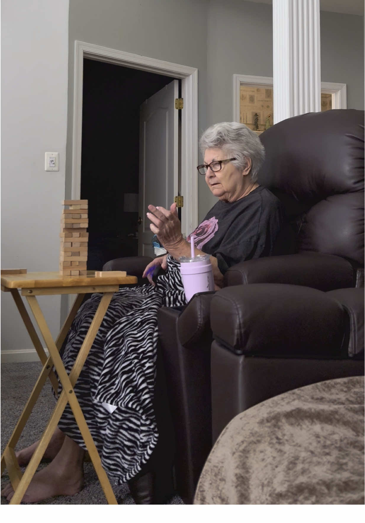 Just a casual game of Jenga with gram with commentary from the peanut gallery 😂😭🧱 #grandparents #game #jenga #grandma #laugh #funny 
