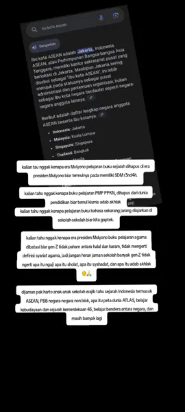 apakah dijaman pak suharto anak-anak sekolah diajarkan belajar buku sejarah termasuk sejarah tentang berdirinya Asean??  Ya, pada masa pemerintahan Pak Harto, anak-anak sekolah diajarkan tentang sejarah, termasuk sejarah berdirinya ASEAN. Materi pelajaran sejarah pada masa itu, terutama yang berkaitan dengan hubungan luar negeri, cenderung menekankan pentingnya persatuan dan kerja sama negara-negara Asia Tenggara, termasuk ASEAN. Meskipun materi pelajaran sejarah pada masa Orde Baru seringkali disorot karena pendekatan yang terpusat pada pemerintah dan tokoh tertentu, namun materi tentang ASEAN tetap diajarkan. ASEAN sendiri didirikan pada tahun 1967, dan pada masa Orde Baru, Indonesia menjadi salah satu anggota aktif dalam organisasi ini. Pelajaran sejarah di sekolah pada masa itu biasanya mencakup latar belakang berdirinya ASEAN, tujuan pembentukannya, serta peran Indonesia di dalamnya.  Beberapa poin yang mungkin diajarkan terkait ASEAN pada masa Orde Baru:  Latar Belakang: Pembentukan ASEAN dilatarbelakangi oleh keinginan untuk menciptakan stabilitas dan kerja sama di kawasan Asia Tenggara, terutama dalam menghadapi ketegangan politik dan ideologi saat itu. Tujuan: Tujuan utama ASEAN adalah meningkatkan kerja sama ekonomi, sosial, dan budaya di antara negara-negara anggotanya. Negara Pendiri: ASEAN didirikan oleh lima negara: Indonesia, Malaysia, Singapura, Thailand, dan Filipina. Peran Indonesia: Indonesia sebagai salah satu negara pendiri, memiliki peran penting dalam ASEAN, termasuk dalam menjaga stabilitas kawasan. Meskipun ada penekanan pada persatuan dan stabilitas, materi pelajaran sejarah pada masa Orde Baru juga dikenal dengan penekanan pada nasionalisme dan pembangunan ekonomi. Hal ini juga tercermin dalam cara materi tentang ASEAN diajarkan di sekolah. https://international.sindonews.com/read/1514271/40/daftar-negara-asean-lengkap-dengan-ibu-kota-hingga-tanggal-bergabung-1736413297?showpage=all