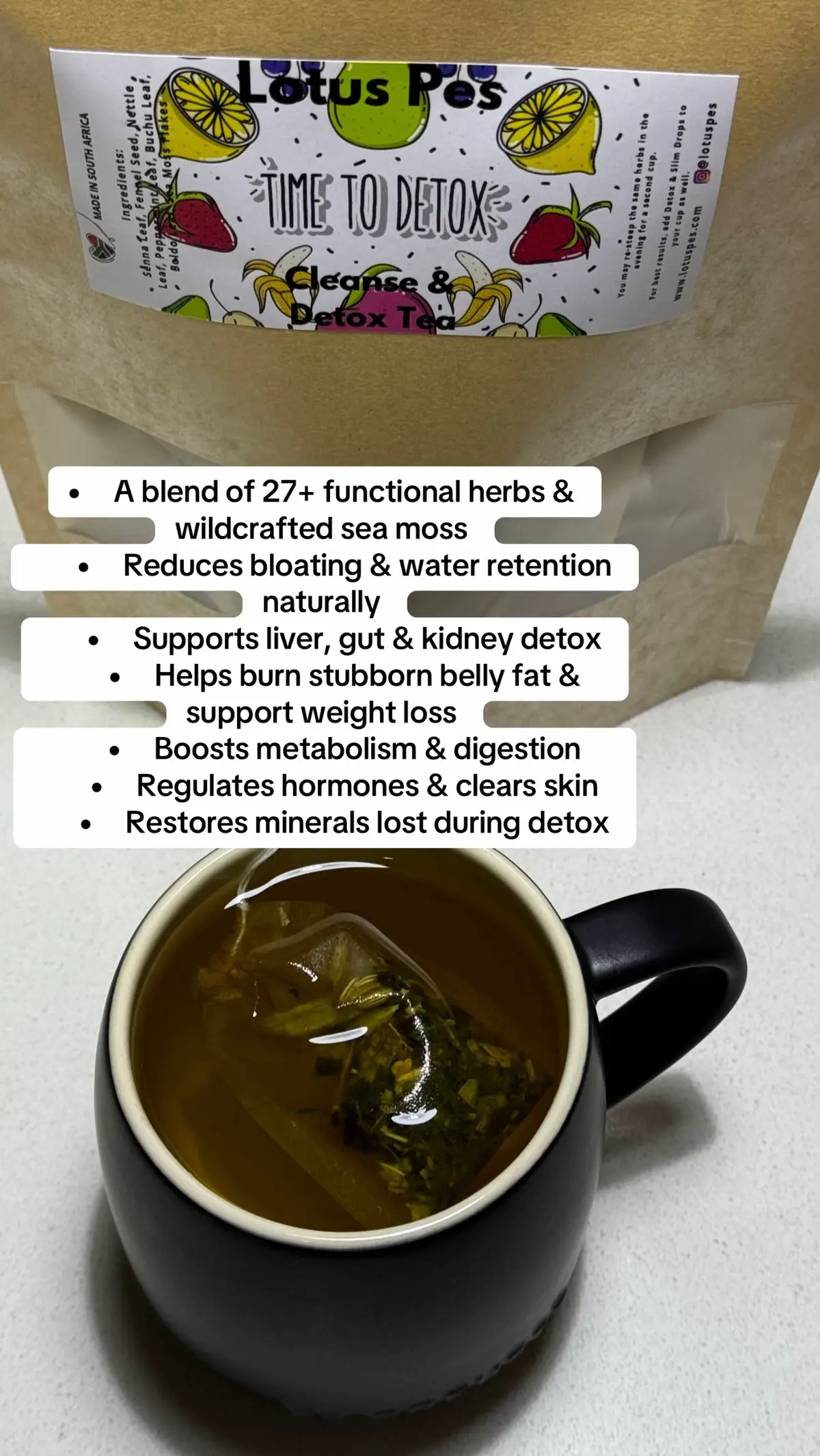 From bump to glow-up, meet the teas everyone needs in her wellness routine: 🍍 Bee Ready Labour Prep Tea – Prep your body for birth naturally. 🌸 Golden Hour Tea – Restore, rebalance, and heal postpartum. 🌿 Cleanse & Detox Tea – Beat the bloat, burn belly fat and reset your gut. 🌊 Sea Moss Tea – 92 minerals for radiant skin and steady energy. 🌺 Glow Tea – Clear breakouts, balance hormones and sip your way to lit-from-within skin. Your glow up starts with what you sip.  Which one are you brewing first? 💫 #lotuspes #detoxtea #guthealth #wellness #tiktoksouthafrica 