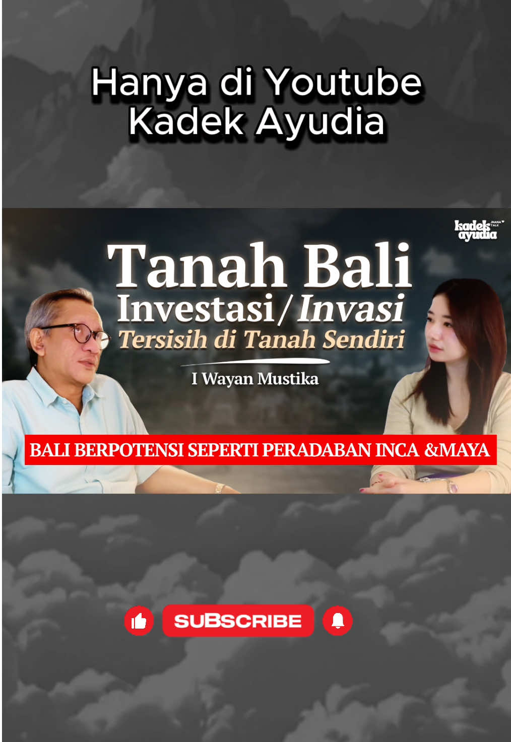 Saksikan diskusi bersama Pak Wayan Mustika untuk membedah realitas Bali saat ini, dari peralihan kepemilikan tanah, budaya yang terkomodifikasi, dan kemungkinan Bali mengalami nasib seperti suku Inca atau Maya.