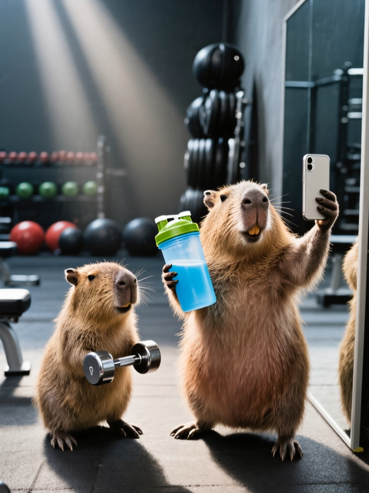 🏋️‍♀️💪 Capybara bodybuilder in action! One’s lifting weights, the other’s snapping a selfie with a blue shake. Ready to inspire your workout today? 😂🐾 #capybara #gymvibes #funnyanimals #workoutmode #capybaragym #viralvideo #aianimals #fitnessfun