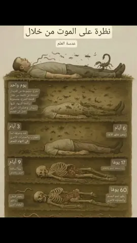 ‏مراحل تحلل الجسم بعد الوفاة ذكر الله تعالى أماكن دفن أجساد البشر في الحياة الدنيا باسم ( القبور ) ....ولكن عندما وصف كيفية البعث وهو ( الخروج ) يوم القيامة ذكر أماكن الخروج بإسم ( الأجداث ) ولم يقل القبور كما هو مبين في الآيات :- خُشَّعًا أَبْصَارُهُمْ يَخْرُجُونَ مِنَ الْأَجْدَاثِ كَأَنَّهُمْ جَرَادٌ مُّنتَشِرٌ (7) يَوْمَ يَخْرُجُونَ مِنَ الْأَجْدَاثِ سِرَاعًا كَأَنَّهُمْ إِلَىٰ نُصُبٍ يُوفِضُونَ (43) وَنُفِخَ فِي الصُّورِ فَإِذَا هُم مِّنَ الْأَجْدَاثِ إِلَىٰ رَبِّهِمْ يَنسِلُونَ (51) نلاحظ بشكل واضح من الآيات أن الخروج يوم القيامة يكون من الأجداث وليس من القبور . ولكن لماذا ؟ وما هو الفرق ؟ إليكم التفاصيل أسفل ...