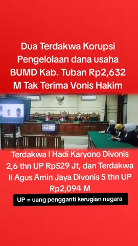 Dua Terdakwa Korupsi Pengelolaan Dana BUMD Kab. Tuban Terbukti Korupsi dan Dihukum Pidana Penjara BERITAKORUPSI.CO -  Majelis Hakim Pengadilan Tipikor pada PN Surabaya, Rabu, 16 Juli 2025, menjatuhkan hukuman (Vonis) pidana penjara yang berbeda terhadap dua Terdakwa kasus perkara Korupsi pengelolaan keuangan kegiatan usaha Badan Usaha Milik Daerah (BUMD) Kabupaten Tuban yaitu PT Ronggolawe Sukses Mandiri (RSM) pada tahun 2017 - 2022 yang merugikan keuangan negara Cq. Pemkab Tuban sebesar Rp2.623.507.159 Kedua Terdakwa itu adalah HADI KARYONO (Terdakwa I) selaku Direktur Utama PT. Ronggolawe Sukses Mandiri sejak Desember 2016 - Desember 2018,  dan Terdakwa II AGUS AMIN JAYA  selaku Direktur Keuangan PT. Ronggolawe Sukses Mandiri sejak  Desember 2016 - Desember 2018  dan selaku Plt. Direktur Utama pada Desember 2018 - Mei 2022 Terdakwa I HADI KARYONO dijatuhi hukuman penjara selama 2 tahun dan 6 bulan denda sebesar Rp50 juta subsider 2 bulan kurungan dan membayar uang pengganti sebesar Rp. 529.000.559 subsider 1 tahun penjara  Sedangkan Terdakwa II AGUS AMIN JAYA dihukum selama 5 tahun penjara denda sebesar Rp200 juta subsider 4 bulan kurungan dan membayar uang pengganti sebesar 2.094.506.600 subsider 2 tahun penjara  Menurut Majelis Hakim, bahwa perbuatan Terdakwa I HADI KARYONO dan Terdakwa II AGUS AMIN JAYA terbukti secara sah dan meyakinkan bersalah melakukan Tindak Pidana Korupsi secara bersama- sama sebagaimana diatur dan diancam pidana dalam Pasal 3 Jo Pada 18 UU RI No. 31 Tahun 1999 Tentang Pemberantasan Tindak Pidana Korupsi sebagaimana telah diubah dan ditambah dengan UU RI No. 20 tahun 2001 atas perubahan UU RI No. 31 tahun 1999 Tentang Pemberantasan Tindak Pidana Korupsi Jo Pasal 55 ayat (1) Ke- 1 KUHP  Namun atas putusan Majelis Hakim, Kedua Terdakwa memahami isi putusan namun kedua Terdakwa tidak menerimanya. Ketua Majelis Hakim pun mempersilahkan untuk melakukan upaya hukum banding ke Pengadilan Tinggi. Terseretnya Terdakwa I HADI KARYONO dan Terdakwa II AGUS AMIN JAYA dalam perkara Korupsi adalah bermula pada sekitar tahun 2017 sampai dengan 2022.  Bahwa Terdakwa I HADI KARYONO selaku Direktur Utama PT. Ronggolawe Sukses Mandiri (Desember 2016 s/d Desember 2018) dan Terdakwa II AGUS AMIN JAYA selaku Direktur Keuangan PT. Ronggolawe Sukses Mandiri (Desember 2016 s/d Desember 2018) dan selaku Plt. Direktur Utama (Desember 2018 s/d Mei 2022) tidak menjalankan tugas pokok dan fungsinya sebagai Direksi sejak awal pendirian PT. Ronggolawe Sukses Mandiri  Kedua Terdakwa dengan tindakannya memerintah bagian keuangan untuk melakukan Pemindahan dana dari rekening Perusahaan kepada rekening perorangan tanpa dokumen pendukung yang cukup dan memadai yang tidak dapat dipertanggung jawabkan, Kedua Terdakwa melakukan Perekayasaan laporan keuangan karena ditemukan beberapa transaksi tidak sesuai dengan kondisi sebenarnya serta para Terdakwa sebagai direksi tidak menjalankan prinsip Good Corporate Governance (GCG) yang baik dengan melakukan Penyimpangan rencana bisnis karena ketidak sesuaian antara usaha yang diajukan dengan realisasinya dan tidak didukung dengan dokumen pendukung yang memadai dengan tujuan memperoleh kekayaan pribadi hingga mengakibatkan kerugian keuangan negara sebesar Rp2.623.507.159. (Jen) #tuban  #jatim  #jawatimur  #kejarituban  #kejaksaannegeri  #jpu  #jaksa  #kejatijatim  #kejaksaantinggijawatimur  #viral  #news  #beritatiktok  #tiktokberita  #beritatiktokviral  #fyp  #fypシ  #fypage  #fyppppppppppppppppppppppp 