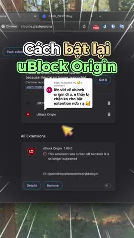 Replying to @Manhh PC 😴 Extension uBlock Origin đã bị tắt trong phiên bản mới nhất của Chrome, nhưng đây là cách khắc phục để bật lại và tiếp tục sử dụng uBlock cũng như các extension Manifest V2 (MV2) khác. Mẹo ở đây là dùng trang tùy chỉnh các tính năng thử nghiệm của trình duyệt (Chrome Flags). #LearnOnTikTok #ThanhCongNghe #J2TEAM #JUNO_OKYO #chrome #extension @Chihuahua❁ @Sentinel @hoangtoni_20 @đá vào lời ra @Trường🇻🇳 @🗿▁▂❤️‍🔥Đỗ Minh Khôi❤️‍🔥▂▁ @Huy ⚡️ @MinhDuc @một cái chết truyền thông🗣️ 
