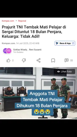Seorang Pelajar Ditem/bak M4ti Oleh Anggota TNI, Hukumanx 18 Bulan                      #tiktok : Pengadilan Militer I-02 Medan menggelar sidang tuntutan terhadap dua prajurit Kodim 0204 Deli Serdang yang terlibat kasus penembakan pelajar inisial MAF (13) hingga meninggal dunia.  Sidang itu dimulai di ruang sidang Sisingamangaraja IXX pada Senin (14/7/2025) sore. Kedua terdakwa hadir dengan mengenakan baju dinas, yakni Serka Darmen Hutabarat dan Serda Hendra Fransisco Manalu.  Ketua Majelis Hakim, Djunaedi Iskandar membuka sidang. Selanjutnya, Mayor Tecki selaku oditur membacakan tuntutannya, bahwa para terdakwa dengan kelaliannya menyebabkan orang lain mati.  Baca Selengkapnya di sini : https://medan.kompas.com/read/2025/07/14/224309078/prajurit-tni-tembak-mati-pelajar-di-sergai-dituntut-18-bulan-penjara-keluarga? #pelajar #tembak #tni  #tiktokindia #medan #fy  #fypシ゚  #agam #djunaediiskandar  #darmenhutabarat  #HendraFransiscoManalu #tiktokviral #tiktoknews 