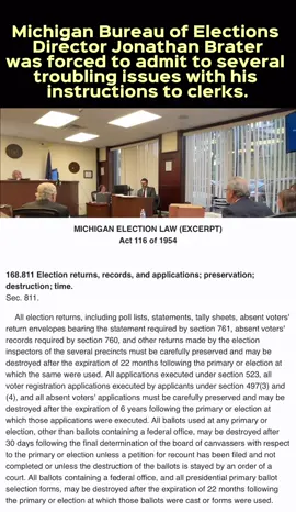 Under cross-examination, #Elections Director Jonathan Brater admitted his memo instructing clerks to #delete 2020 #voter #data was #unlawful, after refusing to answer directly until pressed by the judge. #mi #michigan #hillsdale Read more in the article 🔗 in comments.