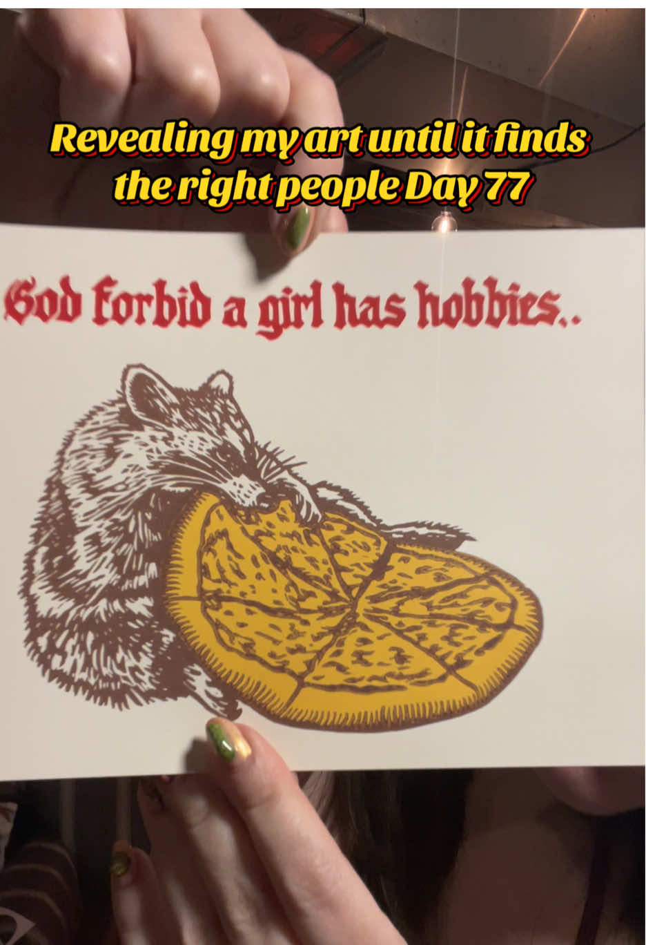 She’s everything I want to be and more 🦝 🍕  #printmaker #printmaking #linocut #raccoon #raccoons #raccoonsoftiktok #pizza #pizzalover #feral 