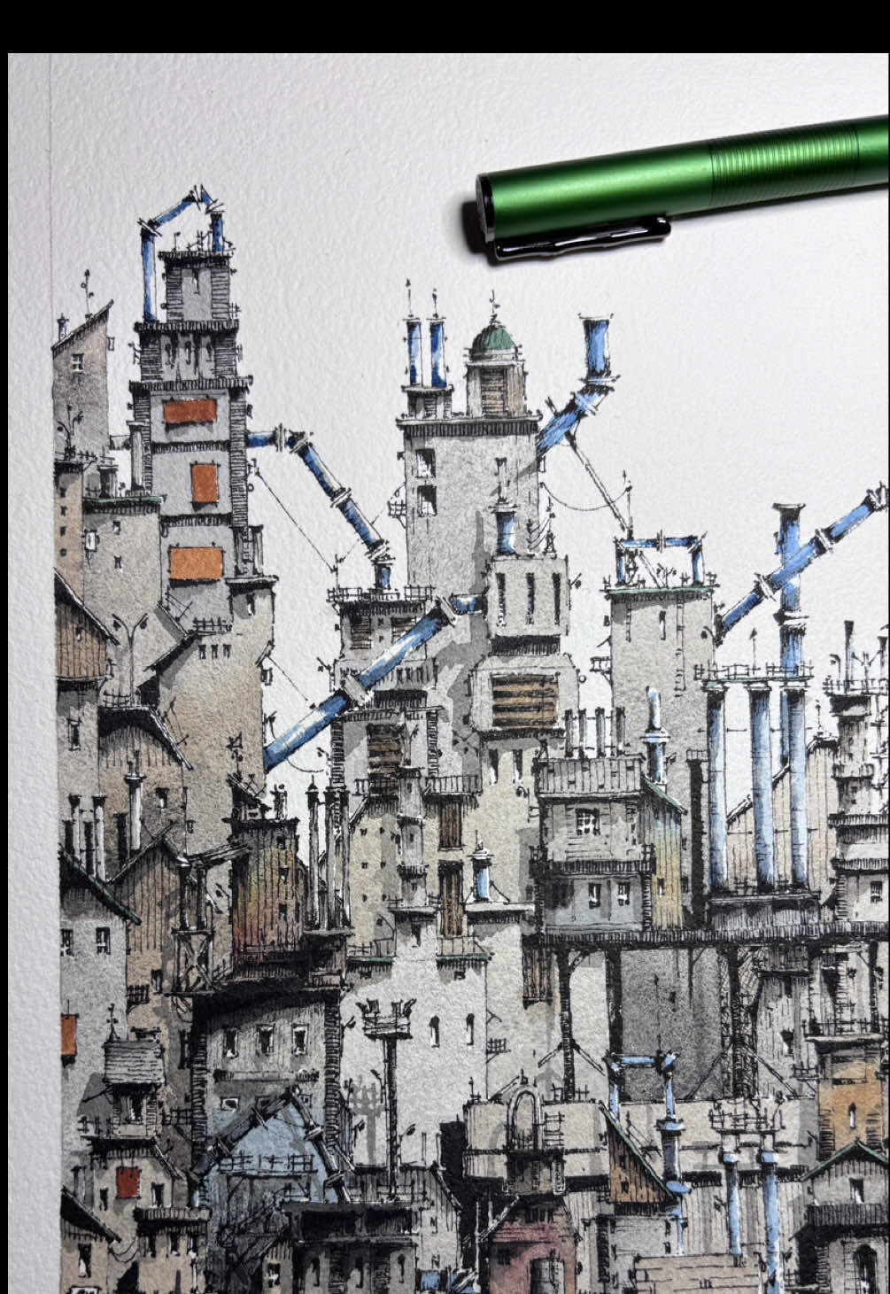 factory town. #🖋️ #fountainpen #architecture #drawing #fyp #watercolor #🎨 