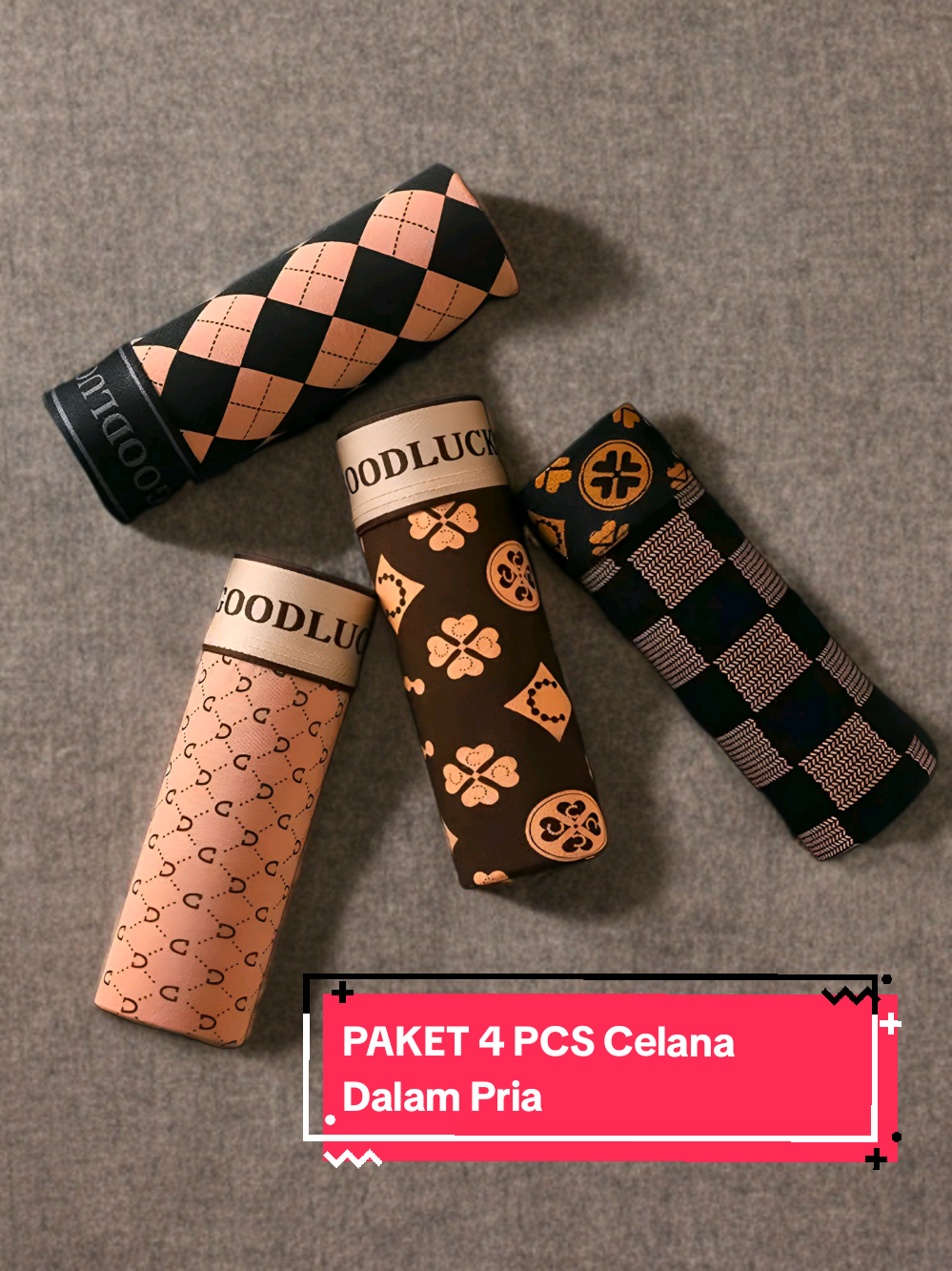 PAKET 4 PCS Celana Dalam Pria Boxer Motif Good Luck Poliester Spandek CDP109 #boxer #boxerpria #celanadalampria #dalamanpria #fyp 