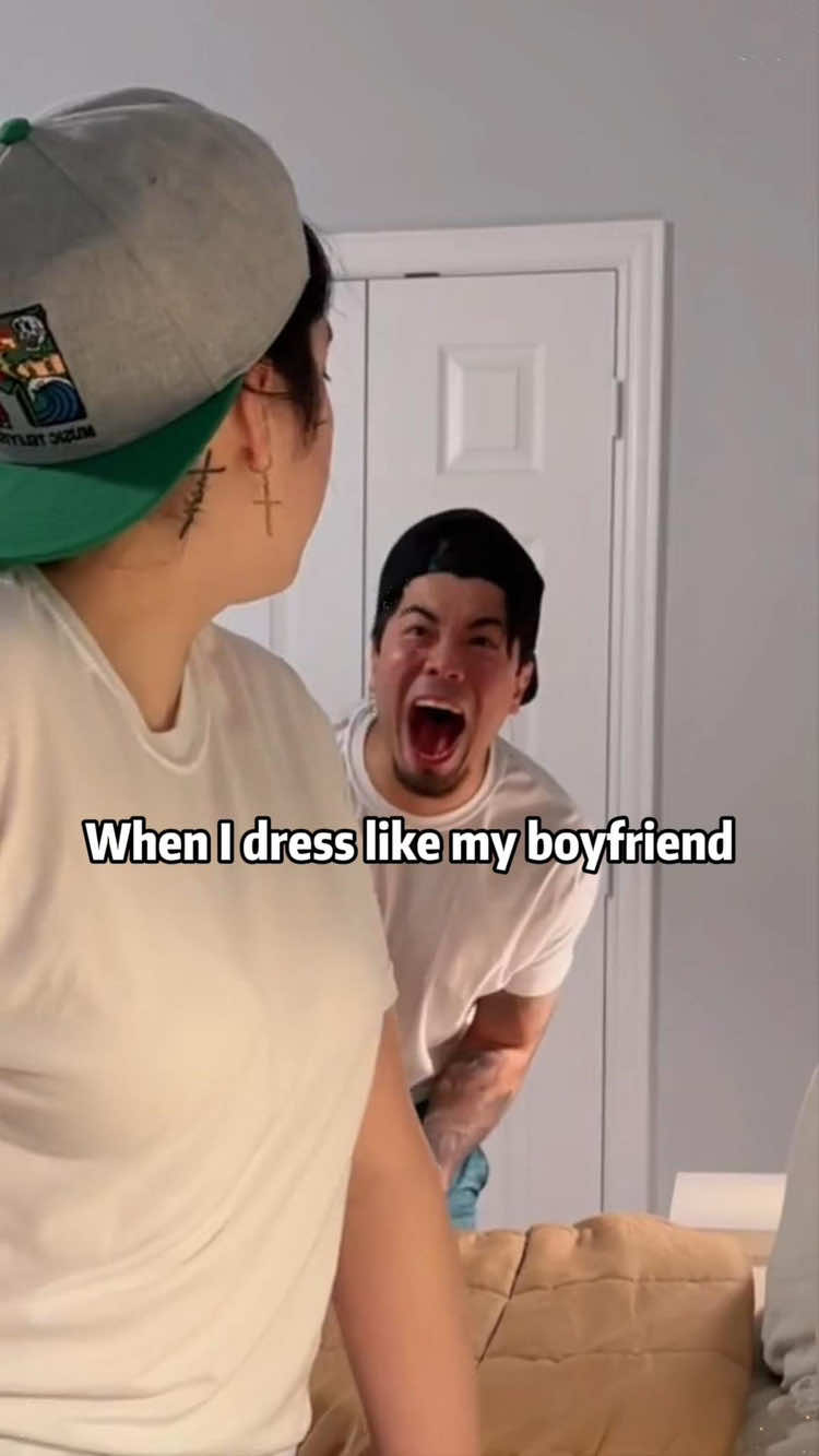 I dressed like my boyfriend to see his reaction..#girlfriend #boyfriend #fyp #promdress #foryoupage #couplegoals #surprisegift 💕