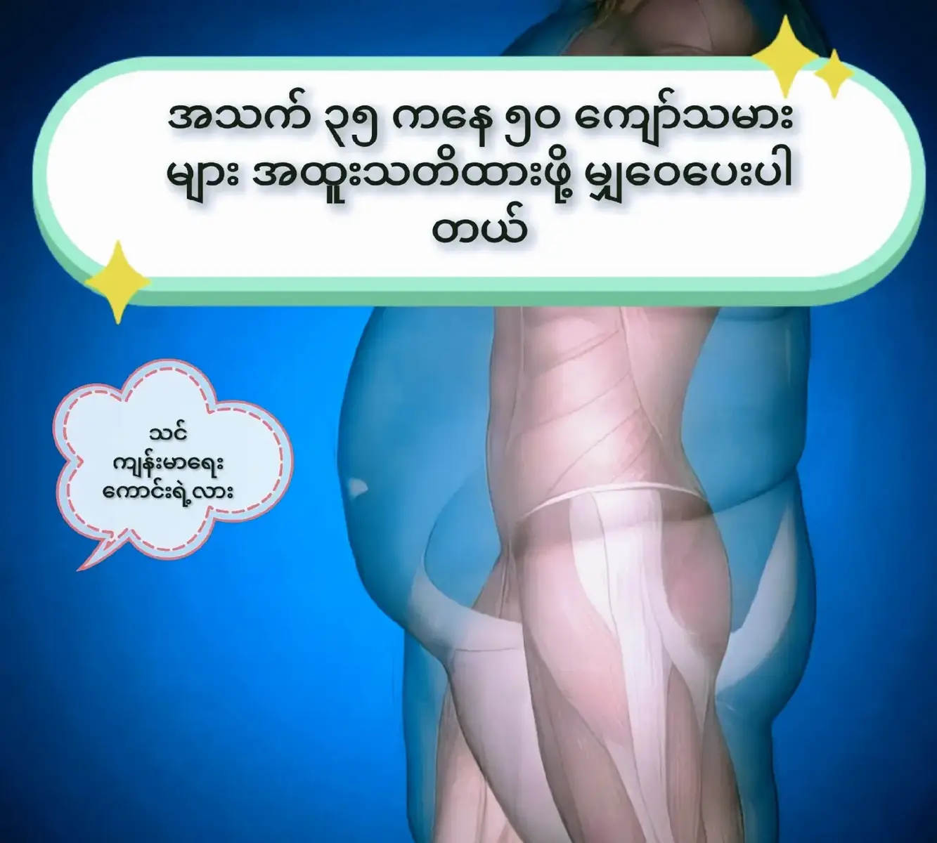 အသက်(၃၅)ကနေ (၅၀)ကျော် သမားများ  အထူးသတိ ထားဖို့ပါ ။ အဲဒီအတွင်းကို ဂရုစိုက်နေထိုင်ရင် ကျန်းမာအသက်ရှည်ပါတယ်တဲ့ အလေ့ကျင့်ကောင်းသွားရင်  ရောဂါကြီးကြီးမား မရှိရင်အသက် ရာကျော်အထိ အသက်ရှည်ကျန်းမာပါတယ် လို့ ဆိုကြတယ်။ ၁။ ကိုယ်အလေးချိန်ကို  အမြဲထိမ်းပါ။ weightချိန် ပါ  ၂။ အိပ်ရေးဝအောင် အိပ်ပါ ၃။ အစာအိမ်ကို ဂရုစိုက်ပါ။  ဖြေးဖြေးနဲ့ နည်းနည်းပဲစားပါ။ ၇၀% ပြည့်အောင်ပဲစားပါ။ အလွန်အကျွံ မစားပါနဲ့။ ပျော့တဲ့အစားစာရွေးစားပါ။ အဆီ,အငန်,အချို, အပူစာတွေလျော့စားပါ။ ၄။ အရိုးအဆစ်ကိုဂရုစိုက်ပါ။ ၅။ vitamin D ရအောင်  နွားနို့,ငါး,ပဲ စားတဲ့အပြင် မနက်(သို့) ညနေခင်း  နေရောင်ခြည်ကို  10min လောက် အနည်းဆုံး ခံယူပါ။ vitamin Dအားဆေးလည်း တခါတလေ စားပေးပါ။ ၆။ လမ်းလျှောက် လေ့ကျင့်ခန်း လုပ်ပေးပါ။ ကြွက်သားအားကောင်းအောင် လေ့ကျင့်ပေးပါ။ ခြေသလုံးကြွက်သား အားကောင်းရင် နှလုံးရောဂါမဖြစ်နိုင်ပါဘူး။ ကခုန်ခြင်းဖြင့်လည်း ကိုယ်လက် လှုပ်ရှားလေ့ကျင့်ခန်းတမျိုးပါပဲ။ ၇။ ရေချိုးချိန်၊  ကိုယ် အဆင်ပြေချိန်တွင် သီချင်းအော်ဆိုပေးခြင်းဖြင့် အဆုတ်အားကောင်းအောင် လုပ်ပေးပါ။ လက်ခုပ်တီးပေးပါ။ ၈။ pressure ,stress လျော့ပေးပါ၊ စိတ်ပျော်ရွှင်အောင်နေပါ၊ ပြသနာအကြီးကို သေးအောင်လုပ်၊ အသေးကိုပျောက်အောင်လုပ်။တော်ရုံ အရေးမကြီးတာတွေနဲ့ ရန်မဖြစ်နဲ့။ စိတ်ထဲ မထားကြပါနဲ့။ ၉။ စိတ်အေးချမ်းတည်ငြိမ်အောင် တရားထိုင်ပေးပါ၊ ဝင်လေထွက်လေမှတ်ပေးပါ။ ၁၀။ သန့်ရှင်းမှုကို အလေးထားပါ၊ တကိုယ်ရည် သန့်ရှင်းမှုနဲ့ အိမ်တွင်းအိမ်ပြင် ပတ်ဝန်းကျင် သန့်ရှင်းရေးကို ဂရုစိုက်ပါ။ ၁၁။ ပိုးဟပ်၊ကြွက်၊ခြင်၊ယင်၊ပုရွက်ဆိတ်စတဲ့အင်းဆက်ပိုးတွေကို ကိုယ့်အိမ်တွင်း အိမ်ပြင်မရှိအောင်ဂရုစိုက်ပါ။ ၁၂။ ဦးနှောက်ကို တခုခုလုပ်နေရင်းအသုံးချပါ။  စီးပွါးလုပ်ငန်း၊ အလုပ်၊ပညာ တခုခု ကိုယ်ဝါသနာပါရာကို အမြဲ လေ့လာရင်း လုပ်နေရင်းနဲ့ ဦးနှောက်ကို အသုံးချပေးပါ။ ဦးခါင်းကိုအသုံးချခြင်းဖြင့် အယ်ဇိုင်းမားရောဂါ မဖြစ်အောင် ကာကွယ် ပေးနိုင်ပါတယ်။ ၁၃။ ဝမ်းမှန်အောင် လုပ်ပါ၊     အညစ်အကြေး စွန့်ခြင်းဖြင့် ကိုယ်ထဲက အဆိပ် အတောက်ကို ဖယ်ပေးနိုင်ပါတယ်။ ရေများများသောက်ခြင်းဖြင့် သွေးကြောပိတ်ခြင်း၊ အပူကြီးခြင်းကို ကာကွယ်ပေးနိုင်ပါတယ်။ ကျောက်ကပ်ကျောက်တည်ခြင်းကို ကာကွယ်ပေးနိုင်တယ်။  ၁၄။ မနက်အစာမစားခင် ပုံမှန်ရေတခွက်ရေနွေး၂ခွက် သောက်ပေးခြင်းဖြင့် အူလမ်းကြောင်းက အညစ်အကြေးတွေ ထုတ်ပေးနိုင်ပါတယ်။ အိပ်ကာနီး ရေတခွက်သောက်ခြင်းဖြင့် မနက်ဆီးသွားပြီးကိုယ်တွင်းက အပူကို ကျစေပါတယ်။          အသက်၃ဝကျော်ရင် သွေးကြောတွေက တဖြေးဖြေးအဆီပိတ်ပြီး ကျဉ်းလာပါတယ်။ တချို့ကသွေးပျစ်ပီး ကျဉ်းလာပါတယ်။ ဒါ့ကြောင့် အဆီအကြော်စာတွေလျော့စားပါ ရေနွေးရေသောက်ပေးခြင်း လေ့ကျင့်ခန်းလုပ်ပေးခြင်းဖြင့် သွေးကြောပိတ်ခြင်းကို ကာကွယ်နိုင်ပါတယ်။ တရုတ်ဆေးပညာ ကနေ ဘာသာပြန် ရေးပေးတာပါ။ ကျန်းမာပျော်ရွှင်ကြပါစေ🙏🙏🙏 ကျန်းမာရေးနဲ့ပတ်သတ်တဲ့ ဆေးပညာတွေနေတိုင်းတင်သွားပေးမှာဖြစ်တဲ့ အတွက် ကျွန်တော်ရဲ့postလေးကို like and shareလေသွားမို့မမေ့နဲ့နော် အားလုံးဘဲကျန်းမာပျော်ရွှင်ကြပါစေ၊၊ #လေးစားစွာဖြင့်မူရင်ရေးသားသူအား  #Creditပေးပါသည် 🙏🙏🙏 #ကျန်းမာရေးဗဟုသုတများ  #ကျန်းမာရေး  #ဗဟုသုတ
