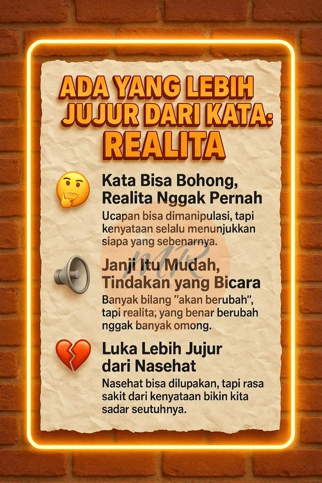“Ada yang Lebih Jujur dari Kata-Kata: Realita” mengangkat kesadaran bahwa dalam kehidupan, kata-kata bisa saja dibuat-buat, dimanipulasi, atau dijadikan topeng untuk menyembunyikan kebenaran. Namun, realita    yakni apa yang benar-benar terjadi dalam tindakan, perilaku, dan hasil tidak bisa berbohong. Ia menjadi cermin paling jujur yang menunjukkan siapa kita, siapa orang lain, dan apa yang sebenarnya sedang terjadi. Pesan utama dari topik ini adalah: jangan terlalu percaya pada janji atau ucapan yang indah, karena hanya tindakan nyata dan kejadian yang berlangsunglah yang benar-benar bisa kita nilai. Realita memberi pelajaran yang lebih kuat daripada sekadar kata-kata. Konten ini menyentuh sisi emosional dengan mengajak kita merenung dan bersikap jujur pada diri sendiri tentang apa yang benar-benar terlihat, bukan hanya terdengar. #motivasirandhi 