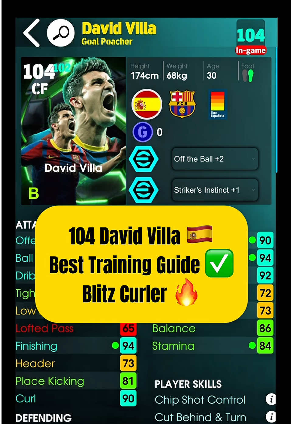 104 David Villa 🤩 Best Training Guide ✅ Epic Double Booster Blitz Curler 🔥 #efootball #davidvilla #paopaoefootball