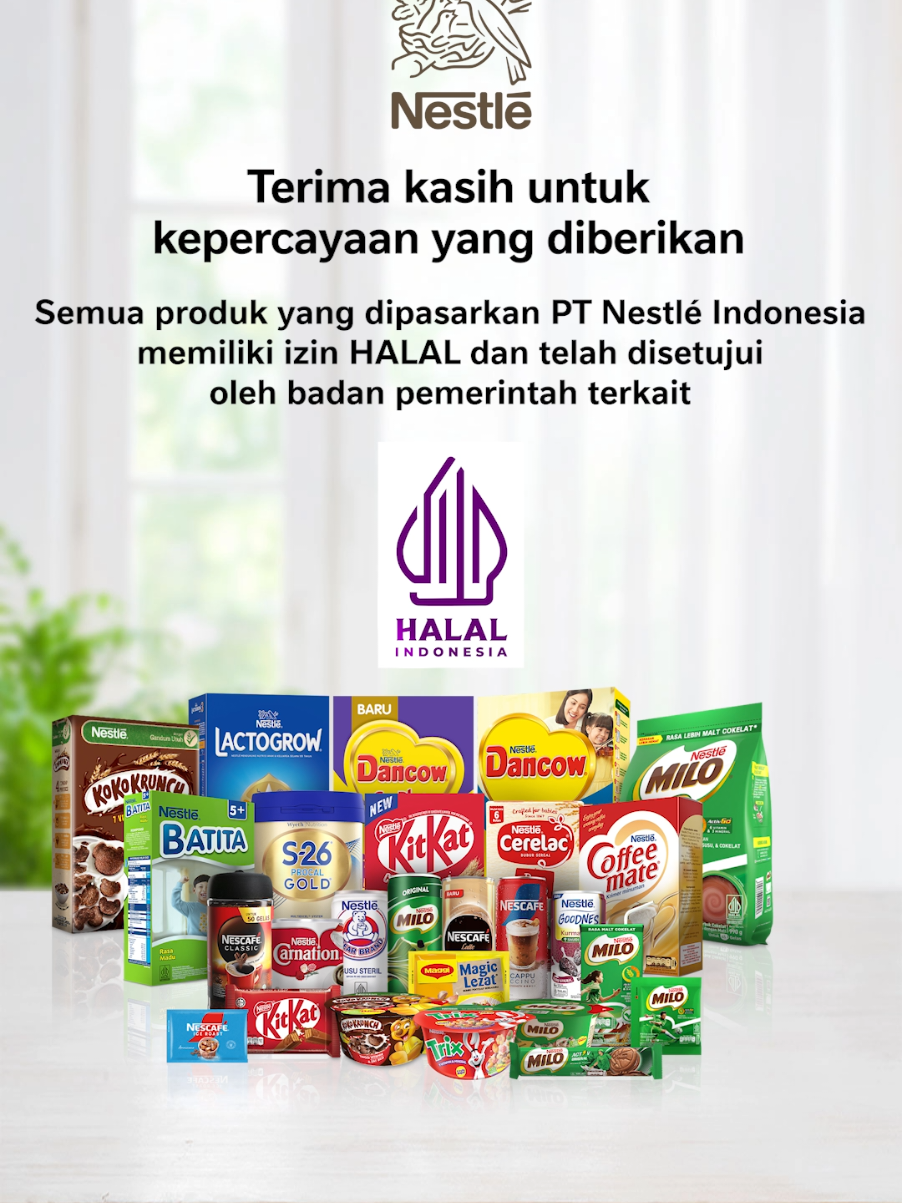 Sudah lebih dari 50 tahun Nestlé hadir di Indonesia! ✨  Semua produk kami HALAL & aman dikonsumsi, sudah disetujui oleh badan pemerintah terkait ✅ Kami selalu utamakan gizi, kualitas, dan keamanan untuk kamu dan keluarga ❤️   #NestléIndonesia #HalalCheck #AmanUntukKeluarga #BanggaBuatanIndonesia #ProdukHalal