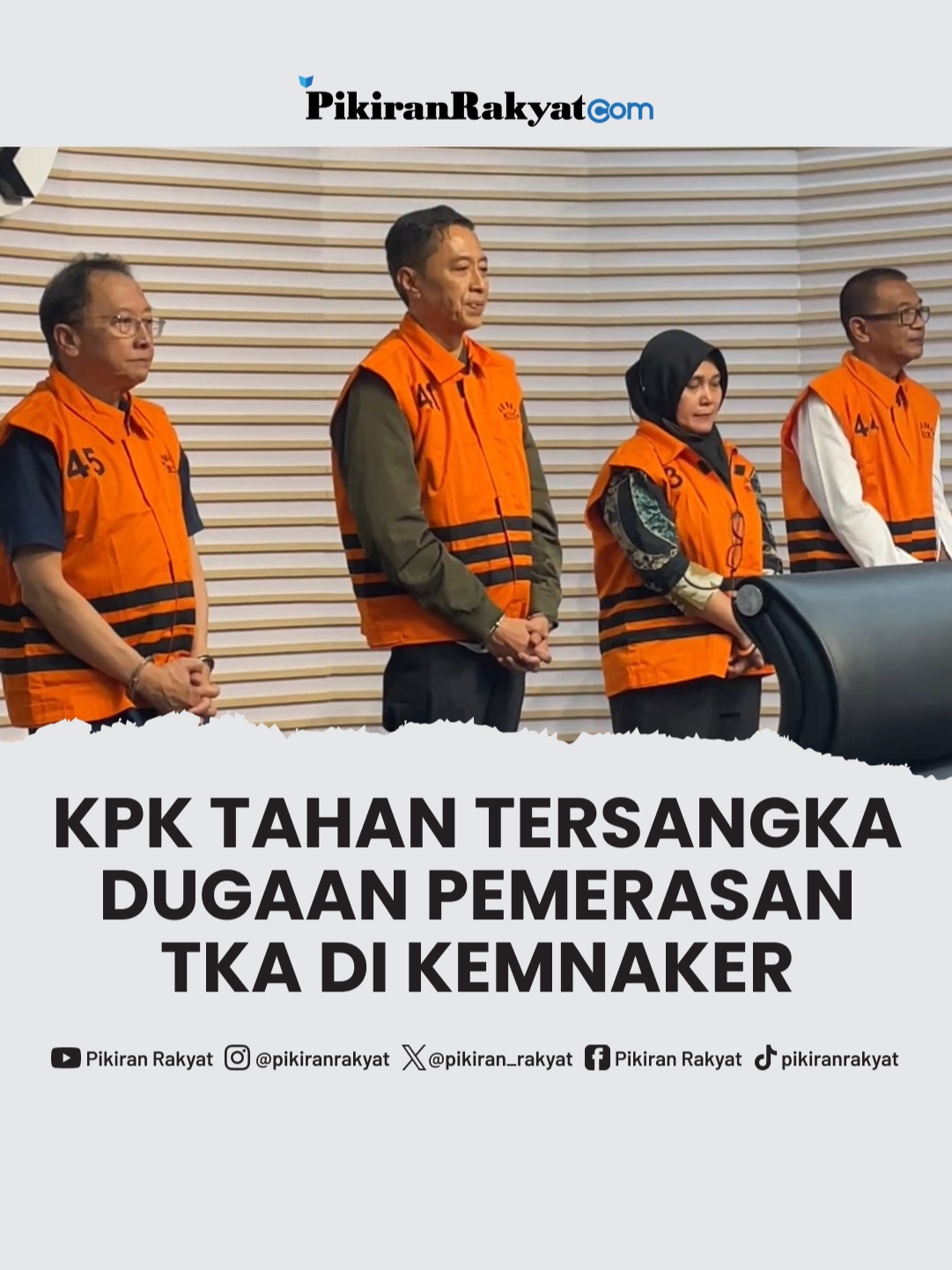 Komisi Pemberantasan Korupsi (KPK) menahan empat tersangka kasus dugaan korupsi berupa pemerasan dalam pengurusan rencana penggunaan Tenaga Kerja Asing (TKA) di Kementerian Ketenagakerjaan (Kemnaker) periode 2019–2024.  . Mereka ditahan setelah diperiksa oleh penyidik pada hari ini, Kamis, 17 Juli 2025, di Gedung Merah Putih KPK, Jakarta. Tidak ada satu pun tersangka yang menutupi wajah menggunakan masker.  . Asep Bidin Rosidin/PRMN . #KPK #Kemnaker #TKA
