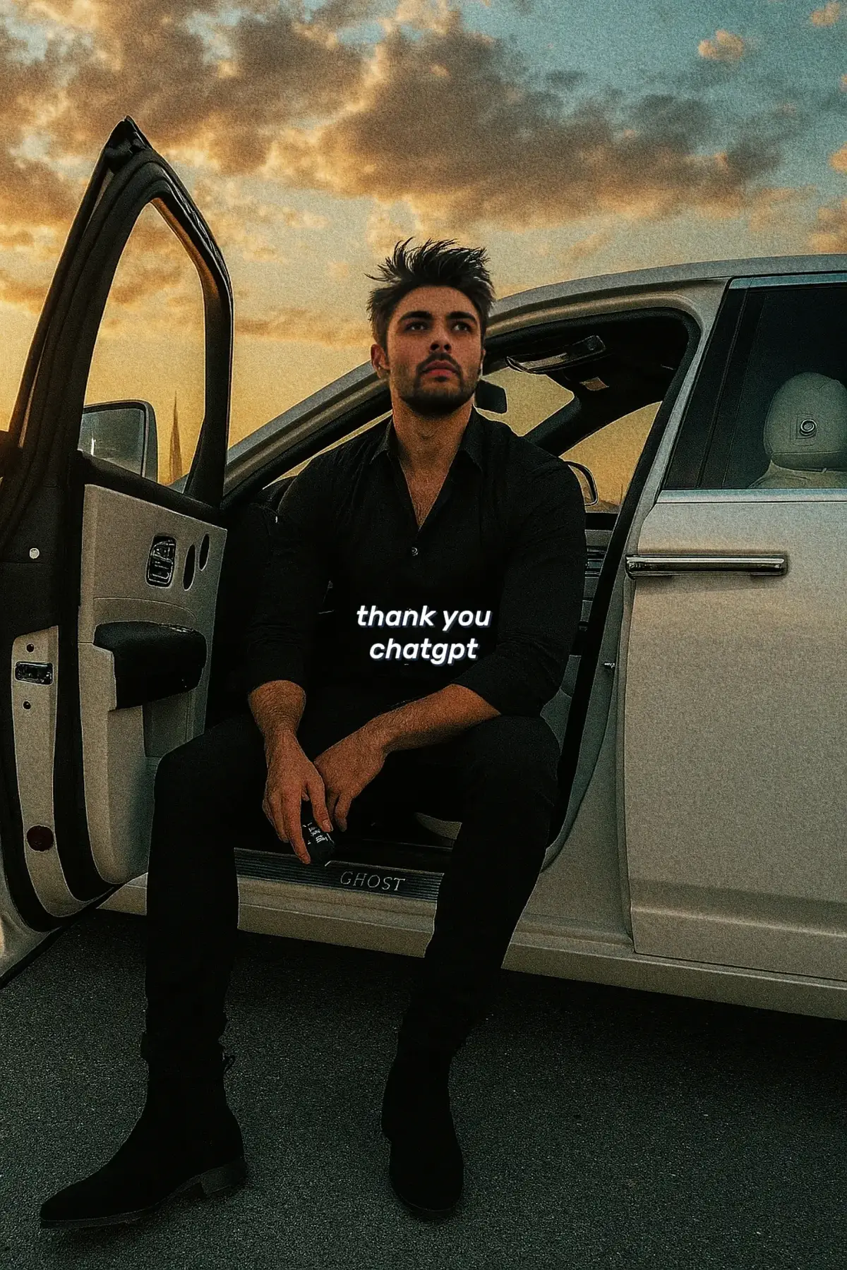 still keeping with the dubai theme. generally MENA theme tbh. prompt below: prompt Generate a realistic picture of a man sittining in the open door of a Rolls Royce Ghost with doors open. He is wearing black shirt and black jeans, with black Christian Louboutin chelsea boots. Messy hair. Male model build. He holds a car key in one hand and gazes up thoughtfully into the distance. The sky above is dramatic and full of clouds with scattered clouds and golden hour lighting, with Dubai in the background, taken by iPhone #chatgpt #ai #trend 