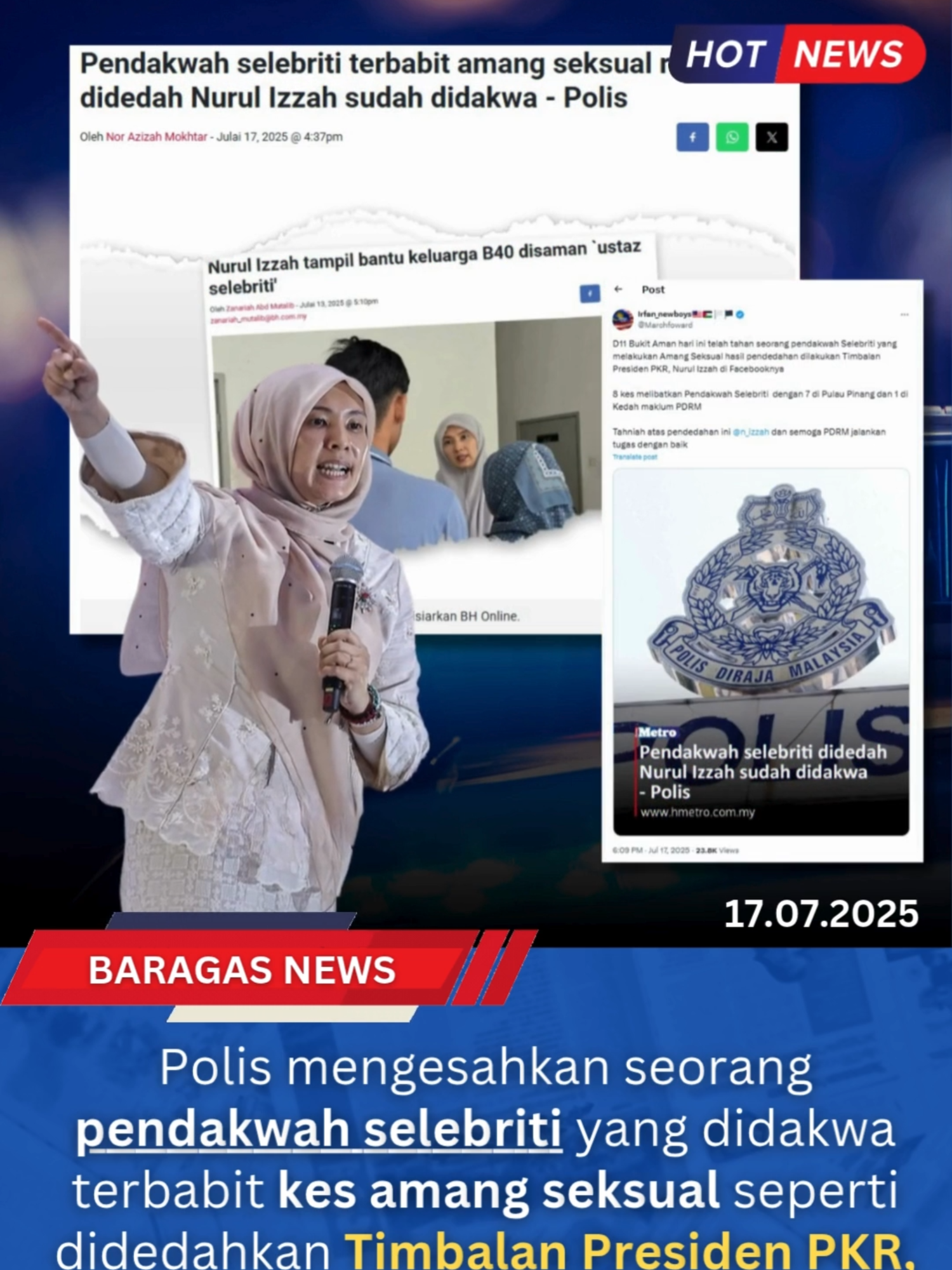 Pendakwah selebriti terbabit amang seksual remaja didedah Nurul Izzah sudah didakwa - Polis KUALA LUMPUR: Polis mengesahkan seorang pendakwah selebriti yang didakwa terbabit kes amang seksual seperti didedahkan Timbalan Presiden PKR, Nurul Izzah Anwar, sudah pun didakwa di mahkamah. Ketua Penolong Pengarah Bahagian Seksual, Wanita dan Kanak-kanak (D11) Jabatan Siasatan Jenayah (JSJ) Bukit Aman, Senior Asisten Komisioner Siti Kamsiah Hassan, berkata setakat ini, pihaknya menerima lapan laporan polis terhadap pendakwah selebriti terbabit. Menurut beliau, daripada jumlah itu tujuh kes berlaku di Pulau Pinang, manakala satu di Kedah. 
