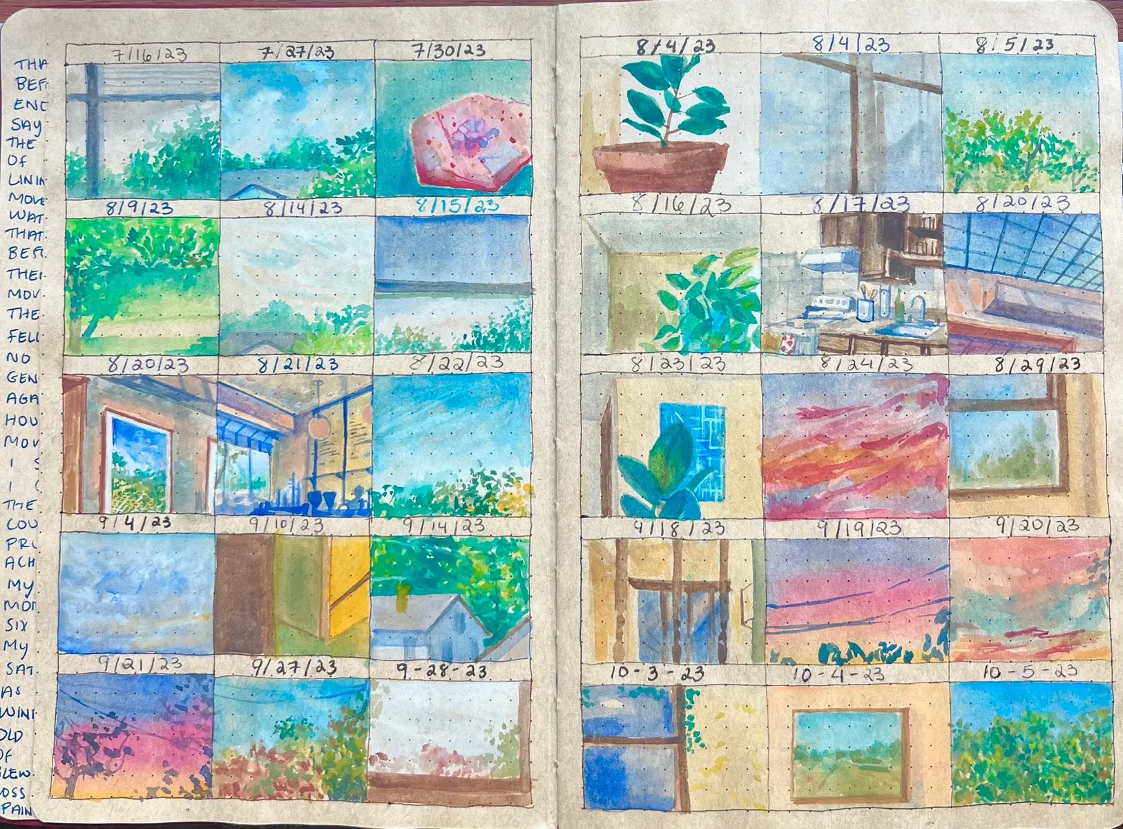 The first page i ever made in this book in 2023, and then the same dates for the next two years🥹. so crazy to think about all of the memories packed into the pages in between these- all the apartment moves, losses, new jobs, memories and imagery captured in tiny squares. one thing i definitely didn’t anticipate when i started doing these was how much i’d remember about every single one. you can point to a square in the dozens of pages and i’d tell you where i was and exactly what i was doing in my life. it’s solidified a time capsule in tiny imagery. to see the past three july’s is a strange feeling, so i included 3 memories from each page here. to see the full spread is one thing, but to see the photo of the place is another. there is a nostalgia i can’t fully describe when i see the empty squares, my past self not knowing the colors they would be filled with. so many years of memories to come🥺🩷☀️🎨 #paint #painting #fyp #watercolor #BulletJournal #bujo #journal #art #artist 