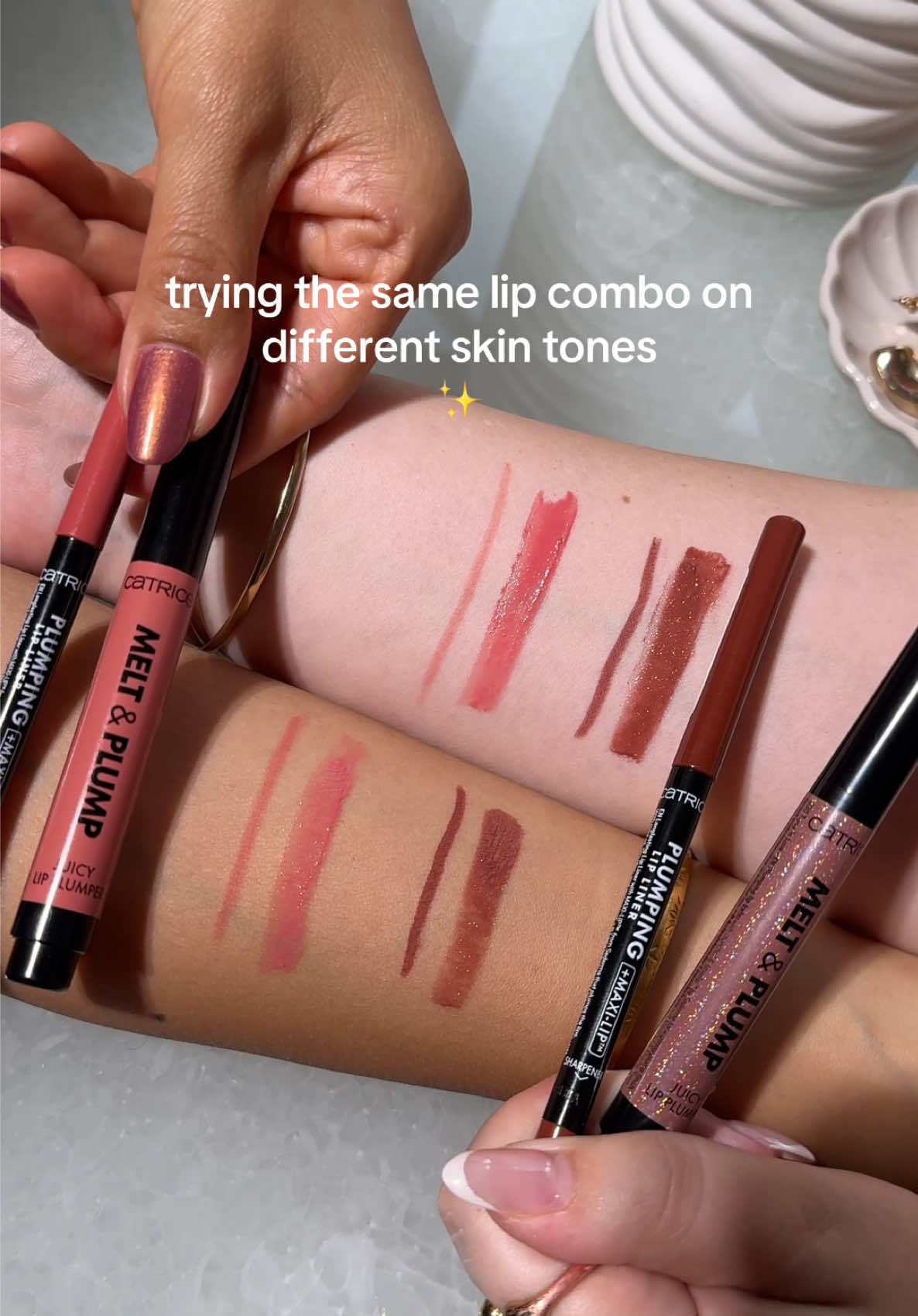 Same lip combo, different vibes ✨ Which lip combo would you choose?  Products shown:  👄 Plumping Lip Liner in - 200 Rosie Feels Rosy 💄 Melt & Plump Juicy Lip Plumper in - 020 Hyp-nude-tized  👄 Plumping Lip Liner in - 100 Go-All-Out  💄 Melt & Plump Juicy Lip Plumper in - 030 Tipsy In Love #catrice #catricecosmetics #lipcombo #lipliner #lipplumper 