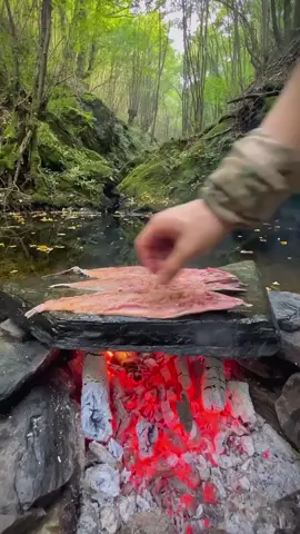 Fish sea bass grilled on hot rocks in the wild 🐟💦🪵🐿 #cookingasmr #outdoorcooking #leon #Recipe #cookingnature #camping #foodtiktok #fish #sea #bass 