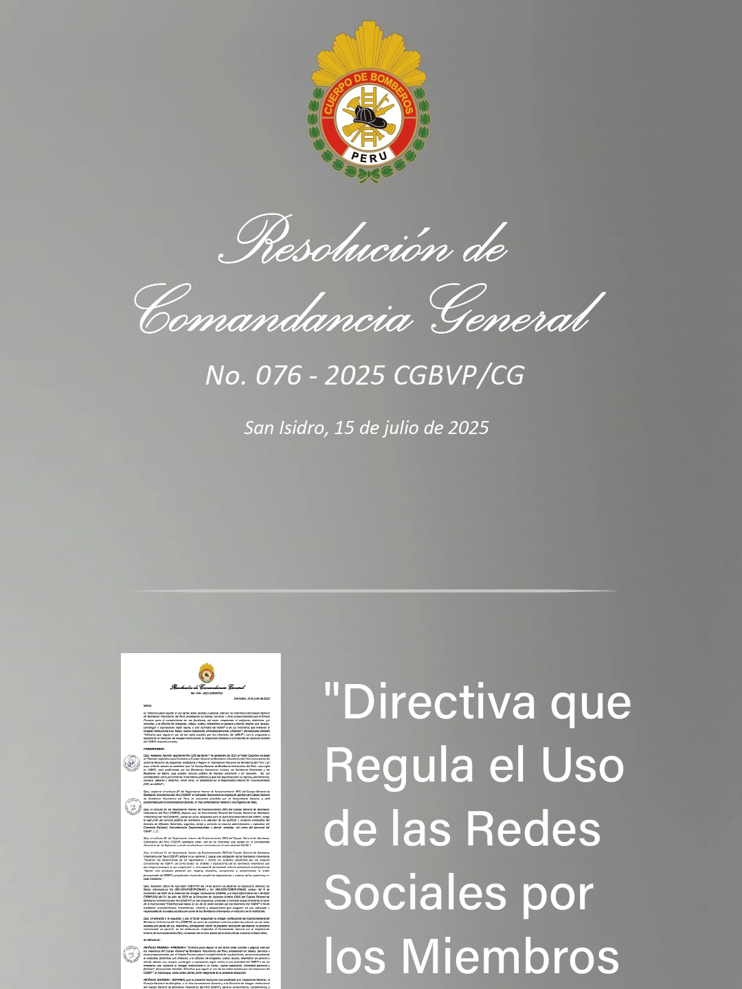 NUEVA DIRECTIVA para Bomberos Voluntarios del Perú. Regula uso de redes sociales, busca fortalecer la imagen institucional tras publicaciones indebidas. Fomenta contenido de instrucción, prevención, educación, historia y camaradería. Por un uso responsable y positivo. La resolución la encuentras en el enlace de nuestra biografía #BomberosDelPerú #bomberosvoluntarios #CGBVP #perú #foryou #DIRECTIVA #RESOLUCION #redes #redessocialestips #prohibiciones#uso