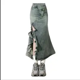 2024 Fishtail Irregular Slit Denim Women's  Retro  Blue  Lace Wave High Waist Petite  Hips Skirts #DenimSkirt #RetroStyle #ForWomen #fypシ #fyppppppppppppppppppppppp 