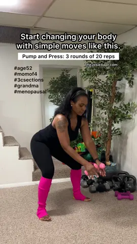 How To: Set your bodyweight in your heels as you work. Activate thigh and bum muscles for your mini squat stance (don’t put a bunch of pressure on your knees). Pump and press with an engaged core and strong arms. Using dumbbells increases the intensity. Front + back = 1 rep. Go for it! 🔥