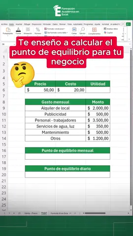 Halla el punto de equilibrio para tu negocio en Excel. 😳📌 #excel #exceltips #exceltutorial 
