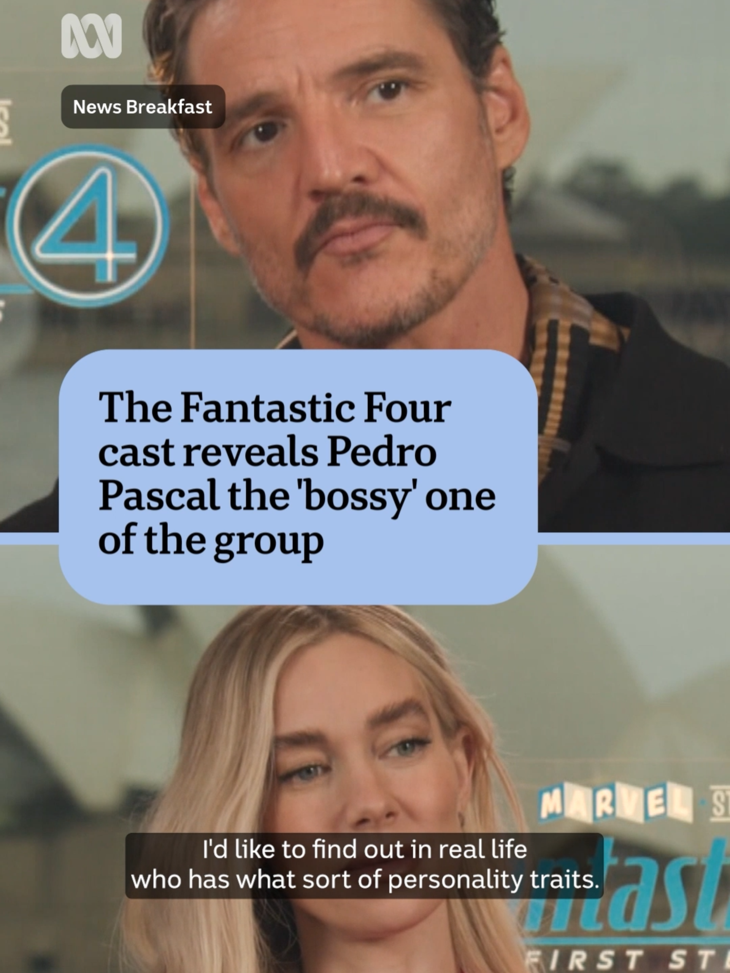 The cast of the new Fantastic Four movie reveal Pedro Pascal is the 'bossy' one of the group in a personality game with News Breakfast presenter Emma Rebellato. Personalise your news and stay in the know with the ABC NEWS app via the link in our bio. #ABCNewsBreakfast #PedroPascal #VanessaKirby #JosephQuinn #EbonMossBachrach