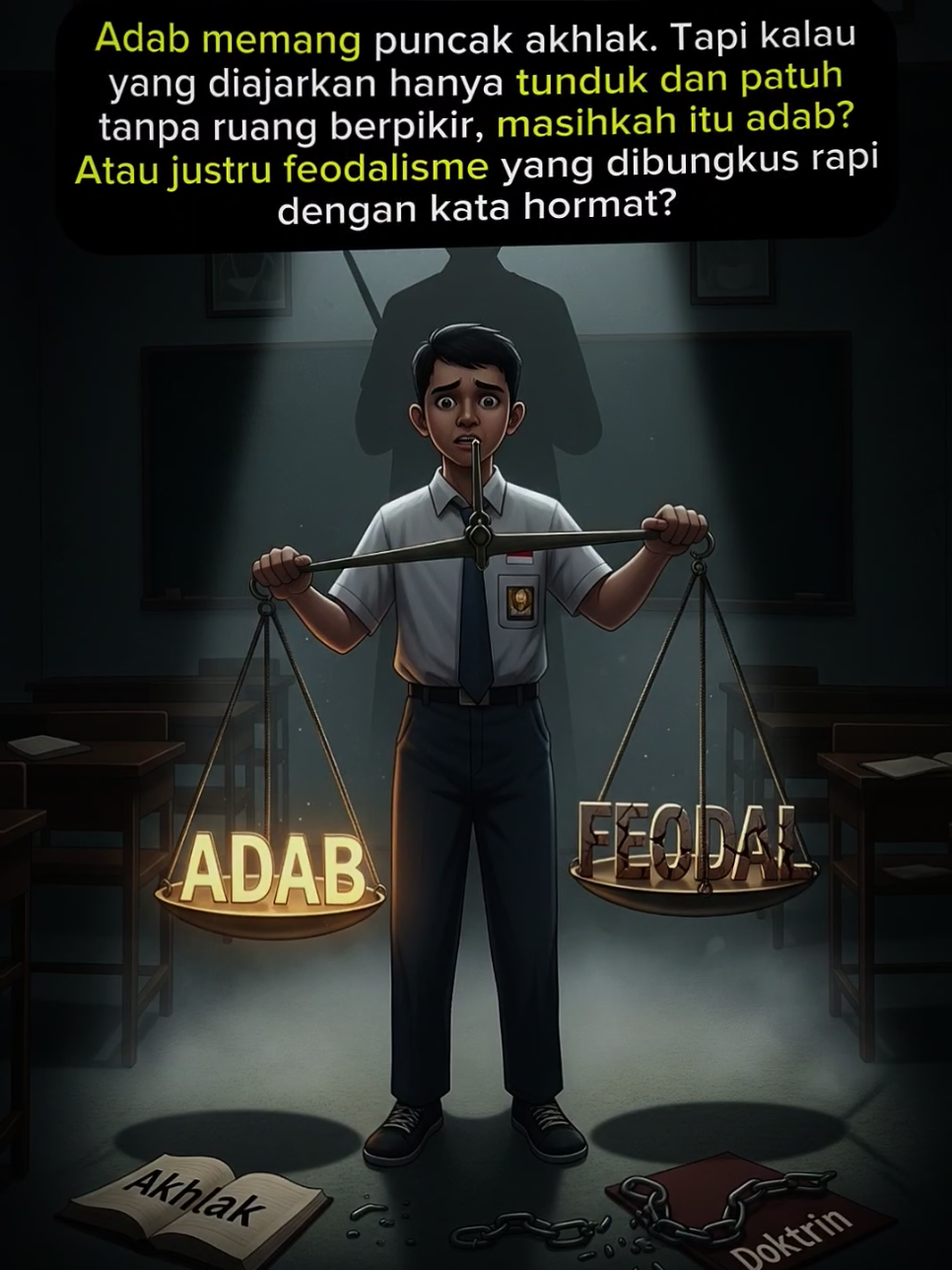 Di Indonesia, murid berdiri ketika guru masuk kelas. Rakyat mencium tangan pejabat. Anak kecil disuruh diam jika orang tua bicara meski yang tua tak selalu benar. Kita menyebut itu “adab”. Tapi benarkah? Sosiolog Ariel Heryanto pernah menyebut Indonesia mengidap “feodalisme simbolik”: jabatan dihormati melebihi tanggung jawabnya. Orang patuh bukan karena logika, tapi karena hierarki. Itu bukan adab itu ketakutan yang dibiasakan. Dalam etika Islam dan filsafat Timur, adab adalah harmoni antara kesadaran, akhlak, dan tindakan. Ia menuntut niat ikhlas, bukan keterpaksaan. Tapi dalam sistem feodalisme, relasi sosial bersifat vertikal. Yang di atas berkuasa, yang di bawah tunduk. Bukan karena hormat, tapi karena tak punya pilihan. Feodalisme bukan ajaran moral ia adalah sistem pelestarian kuasa. - Survei Komnas HAM 2020 menunjukkan 62% masyarakat Indonesia takut mengkritik atasan, bahkan dalam forum internal kerja. - Laporan UNDP (2019): “Budaya birokrasi Indonesia masih sarat ‘kultus senioritas’, bukan kinerja.” - Studi LIPI menyimpulkan bahwa banyak praktik “sopan santun” di Indonesia bersumber dari pola kolonial dan kerajaan yang belum benar-benar hilang dari budaya sosial. Bayangkan kamu diajari sejak kecil untuk mencium tangan semua yang lebih tua bahkan jika mereka pernah menyakitimu. Itu seperti mengecat rantai agar tampak seperti perhiasan. Terlihat indah, tapi tetap membelenggu. Adab seharusnya lahir dari keikhlasan, bukan dari ketakutan. Tapi ketika yang muda tak boleh menyela, rakyat tak boleh protes, dan bawahan hanya diam maka jangan buru-buru menyebutnya “adab”. Apakah kita benar-benar diajari untuk menghormati, atau hanya dilatih untuk tidak membantah? #feodalisme #adab 