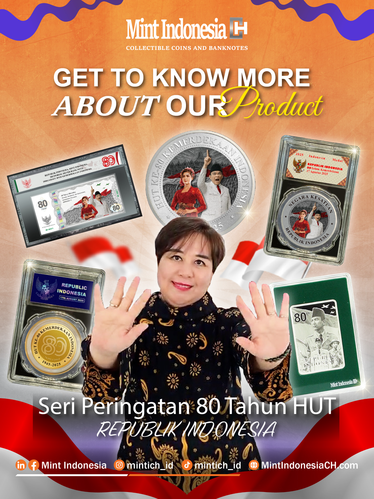 Halo Mintizen! Peringatan Hari Kemerdekaan Republik Indonesia akan tiba sebentar lagi loh, kira-kira udah pada siap belum nih untuk merayakan kemerdekaan kita yang ke 80 tahun?    Karena Mint Indonesia mengeluarkan koin medal yang sangat spesial nih, yaitu seri peringatan kemerdekaan HUT RI yang ke-80. Terdiri dari koin medal, silver bar dan silver banknote. Dengan tampilan desain yang elegan dan menonjolkan semangat juang pemuda pemudi Indonesia, medal tersebut diharapkan dapat meningkatkan rasa nasionalisme kita, serta menghargai jasa para pahlawan yang telah berjuang demi mengibarkan sang merah putih hinga 80 tahun lamanya.   Mintizen perlu catat ya, bahwa medal-medal tersebut bukan uang ataupun alat pembayaran yang sah Jadi tunggu apa lagi? Yuk segera dapatkan medal kalian dan ikuti terus media sosial kita! ----- Hello Mintizens! The Independence Day of the Republic of Indonesia is just around the corner! Are you ready to celebrate our 80th year of independence? Mint Indonesia is launching a very special commemorative item — the 80th Anniversary Independence Commemoration Series. It includes a commemorative coin medal, a silver bar, and a silver banknote. With an elegant design that highlights the spirit of Indonesia's young heroes and heroines, these medals aim to foster a sense of nationalism and appreciation for the heroes who fought to raise the red and white flag for the past 80 years. Please note, Mintizens: these medals are not legal tender and cannot be used as a means of payment. So, what are you waiting for? Get your commemorative medal now and stay tuned on our social media! #MintIndonesiaCH #numismatic #uangkuno #collection #numismatik #collectibles #coincollector #goldcoin #silvercoin #rarecoin #gold #silver #grading #uangjadul #oldmoney #koleksiuangkuno #komunitasuangkuno #HUTRI80 #koinmedalhutri #HUTRI #kemerdekaan #80th #80thkemerdekaan