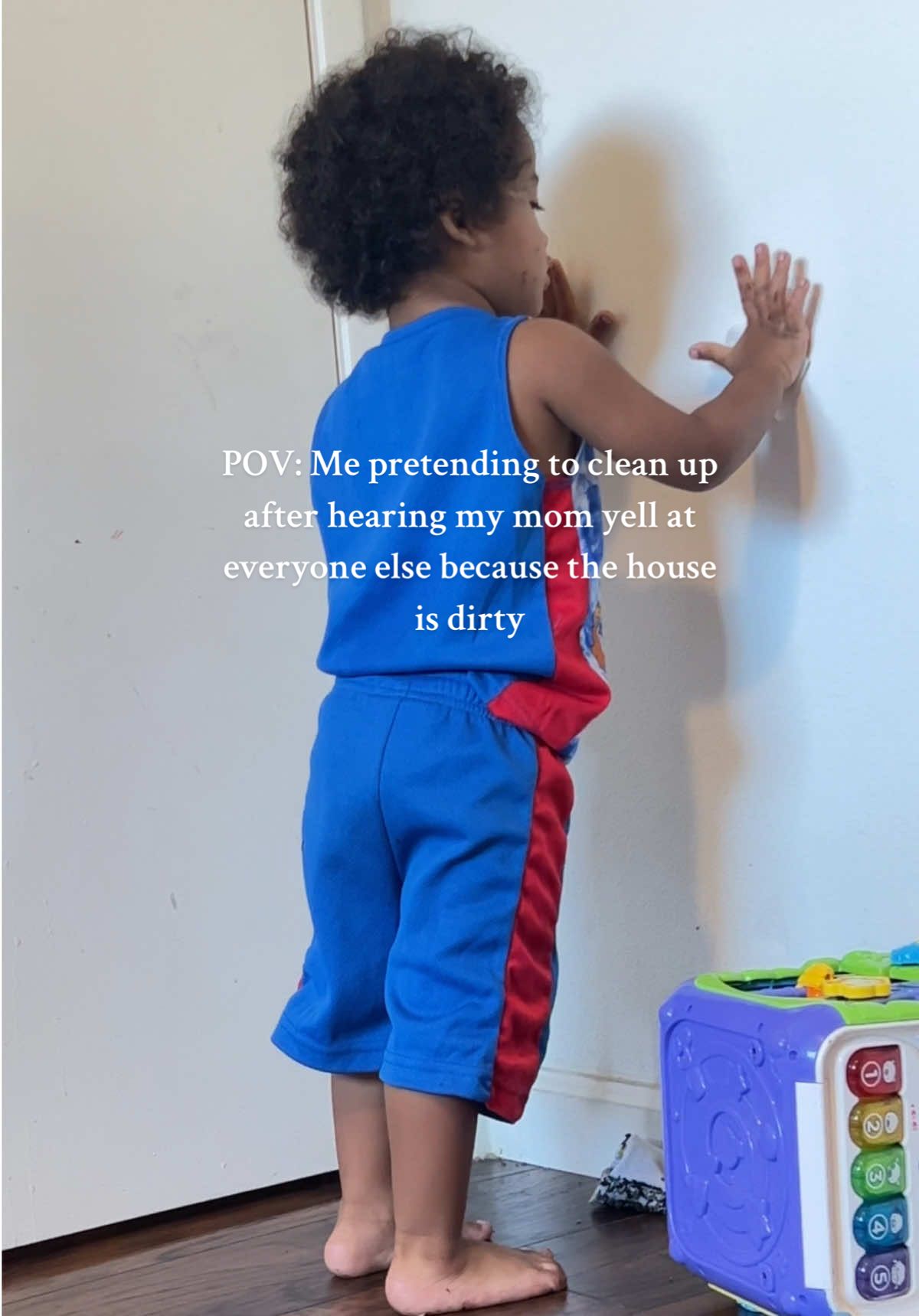 When you were little and used to pretend to already be cleaning up after hearing your mom yell at everyone because the house was dirty.  #toddler #Siblings #toddlercleaning #cleaning #cleaningtiktok #funny #relatable 