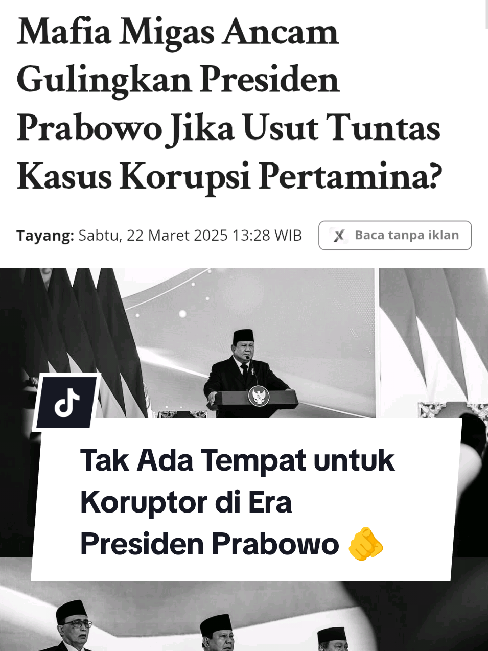 Presiden Prabowo Subianto menegaskan komitmennya untuk memberantas korupsi secara tegas. Di era kepemimpinannya, tidak ada ruang bagi siapa pun yang mencoba menyalahgunakan kekuasaan 🫵 #fyppppppppppppppppppppppp #Viral #KabinetMerahPutih #fypシ゚ #PrabowoPapaDunia #PresidenKhatulistiwa #BersamaPresiden #Prabowo #PrabowoSubianto #Rakyat #RizaChalid #Koruptor #Korupsi #MafiaMigas  #creatorsearchinsights 