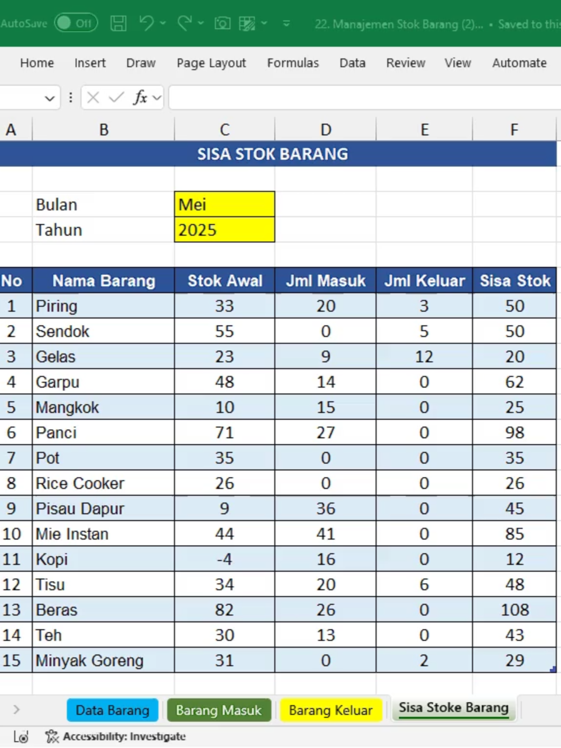 RAHASIA   Sistem Stok Barang SEDERHANA Ini Bisa Hemat Waktu 90%! (Cocok untuk   UMKM) Apakah Anda pemilik UMKM yang sering kewalahan mengatur stok barang? 📦⏳   Tenang! Di video ini, saya bocorkan SISTEM   SEDERHANA yang bisa menghemat waktu Anda hingga 90% dalam   mengelola inventaris! Tanpa software mahal, tanpa ribet!    ✅ Apa yang akan Anda pelajari?    ✔ Cara tracking stok barang dengan   metode simpel (hanya pakai Excel/Google Sheets!)    ✔ Trik hindari kehabisan stok & overstock yang bikin modal   ngendap    ✔ Template GRATIS untuk manajemen stok   (tinggal download & modif!)    ✔ Sistem otomatis yang bisa dijalankan   bahkan oleh pemula!       📌 Kenapa ini penting?   Manajemen stok   yang baik = modal kerja lebih efisien, waktu lebih   produktif, dan bisnis lebih lancar! Cocok   untuk toko online, warung, dropshipper, atau   produsen UMKM!    📥 Download Template Excel/Google Sheets di sini: [Link Download]    🔔 Jangan lupa SUBSCRIBE! karena   setiap minggu saya share tips bisnis UMKM   terbaru yang bikin usaha Anda makin profit!   📢 Tonton sampai habis! Karena di   akhir ada kesalahan fatal yang sering dilakukan pebisnis pemula dalam mengelola   stok!   #UMKM   #BisnisCerdas #ManajemenStok #TipsBisnis #SistemStokBarang