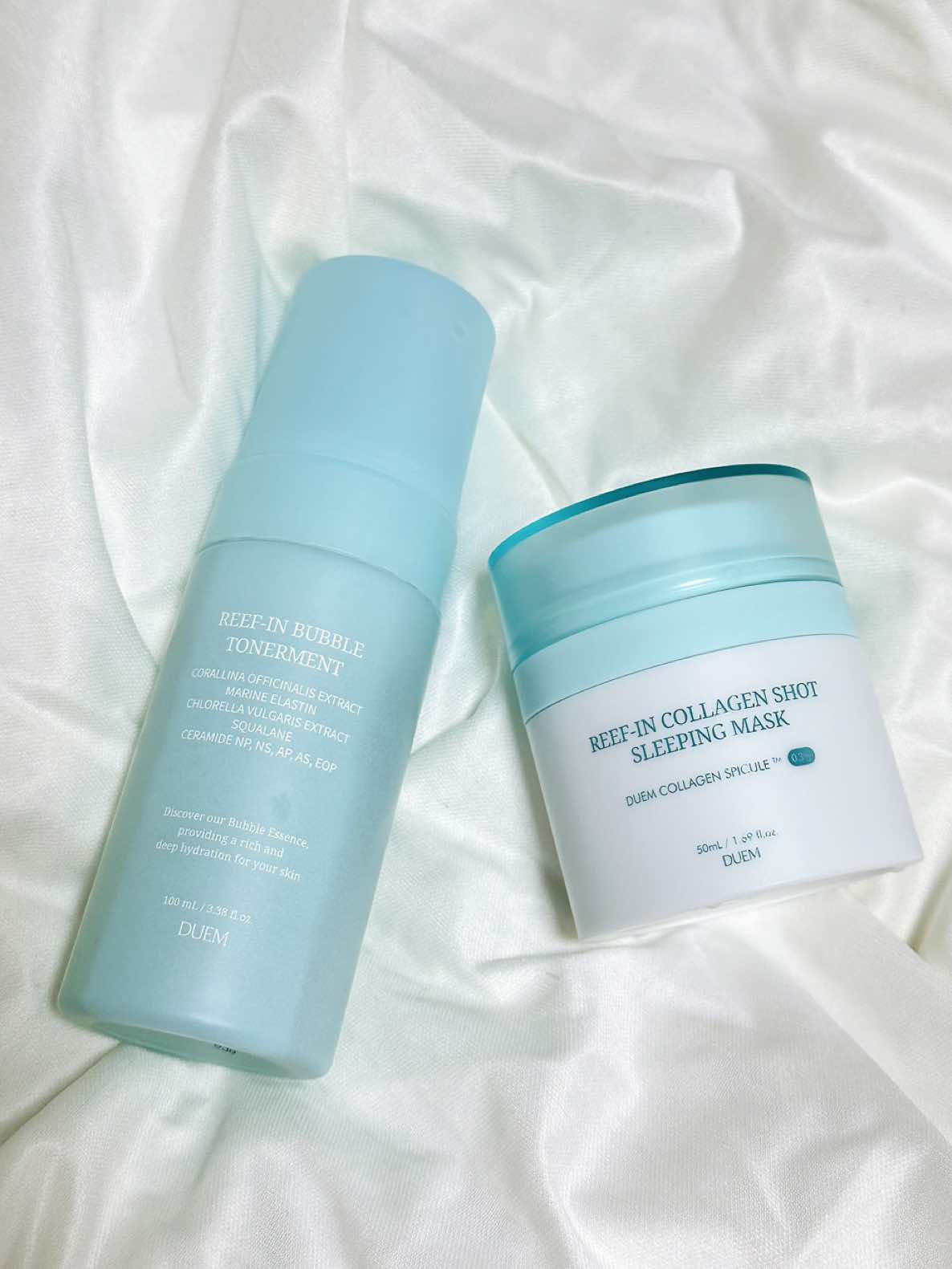 DUEM  REEF-IN BUBBLE TONERMENT & REEF-IN COLLAGEN SHOT SLEEPING MASK A double functional cosmetic that improves whitening and wrinkles. #duem #bubbletoner #collagen #kbeauty #beauty #skincare #fyp 