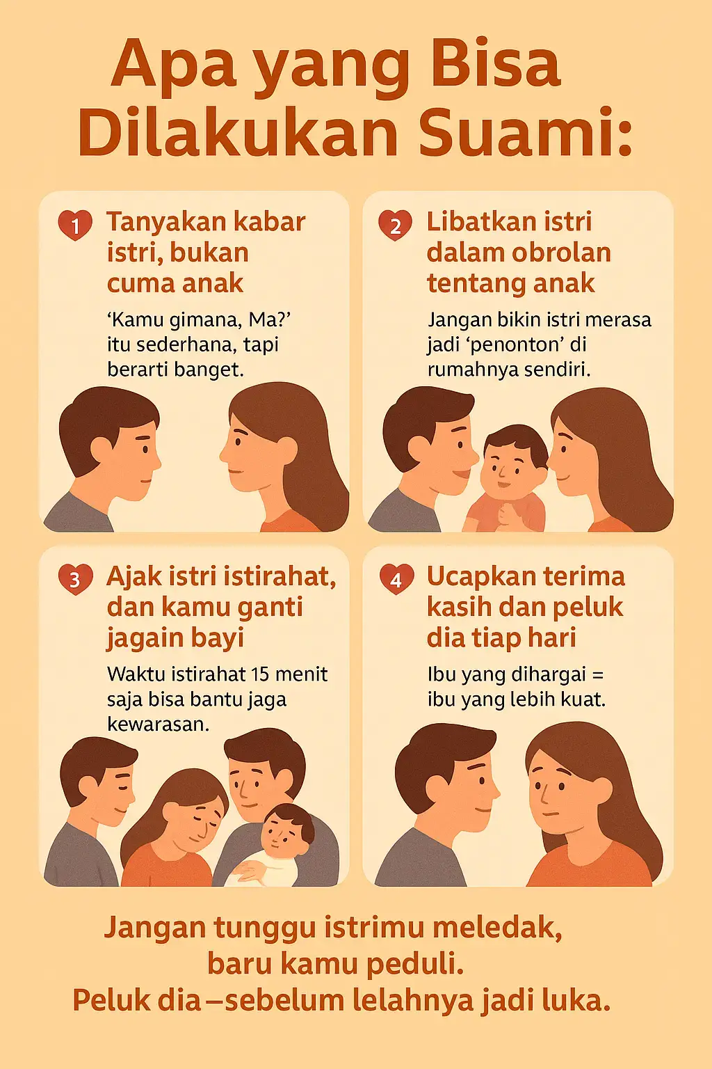 💬 Banyak ibu merasa tersisih setelah melahirkan, bahkan oleh suaminya sendiri. Setelah punya anak, banyak suami yang fokus ke bayi… Tapi lupa, ada istri yang juga sedang berjuang. Ia juga ingin ditanya, ingin dipeluk, ingin didengar. Ia ingin diingat—bukan hanya sebagai ibu, tapi juga sebagai perempuan. ❤️ Ini 4 hal sederhana yang bisa dilakukan suami untuk membuat istri merasa dicintai, bukan dilupakan. #JadiIbu #PelukMama #DukunganSuami #MentalHealthIbu #SuamiSiaga #PostpartumSupport