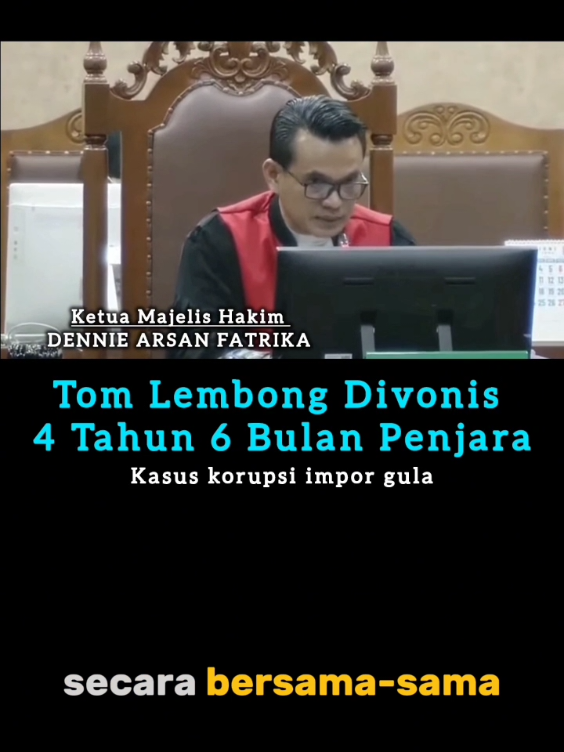 Patrolmedia, Jakarta – Ketua Majelis Hakim Dennie Arsan Fatrika memutuskan kasus korupsi impor gula dengan terdakwa Thomas Trikasih Lembong alias Tom Lembong divonis 4 tahun 6 bulan penjara. “Mengadili, menyatakan terdakwa Thomas Trikasih Lembong telah terbukti secara sah dan meyakinkan menurut hukum bersalah melakukan tindak pidana,” ucap Dennie membacakan amar putusan di Pengadilan Tipikor Jakarta, Jumat (18/7/2025). https://www.patrolmedia.co.id/2025/07/18/video-tom-lembong-divonis-4-tahun-6-bulan-penjara/ #pengadilan  #tomlembong  #korupsi  #impor  #gula  #tipikor  #jakarta  #batam 