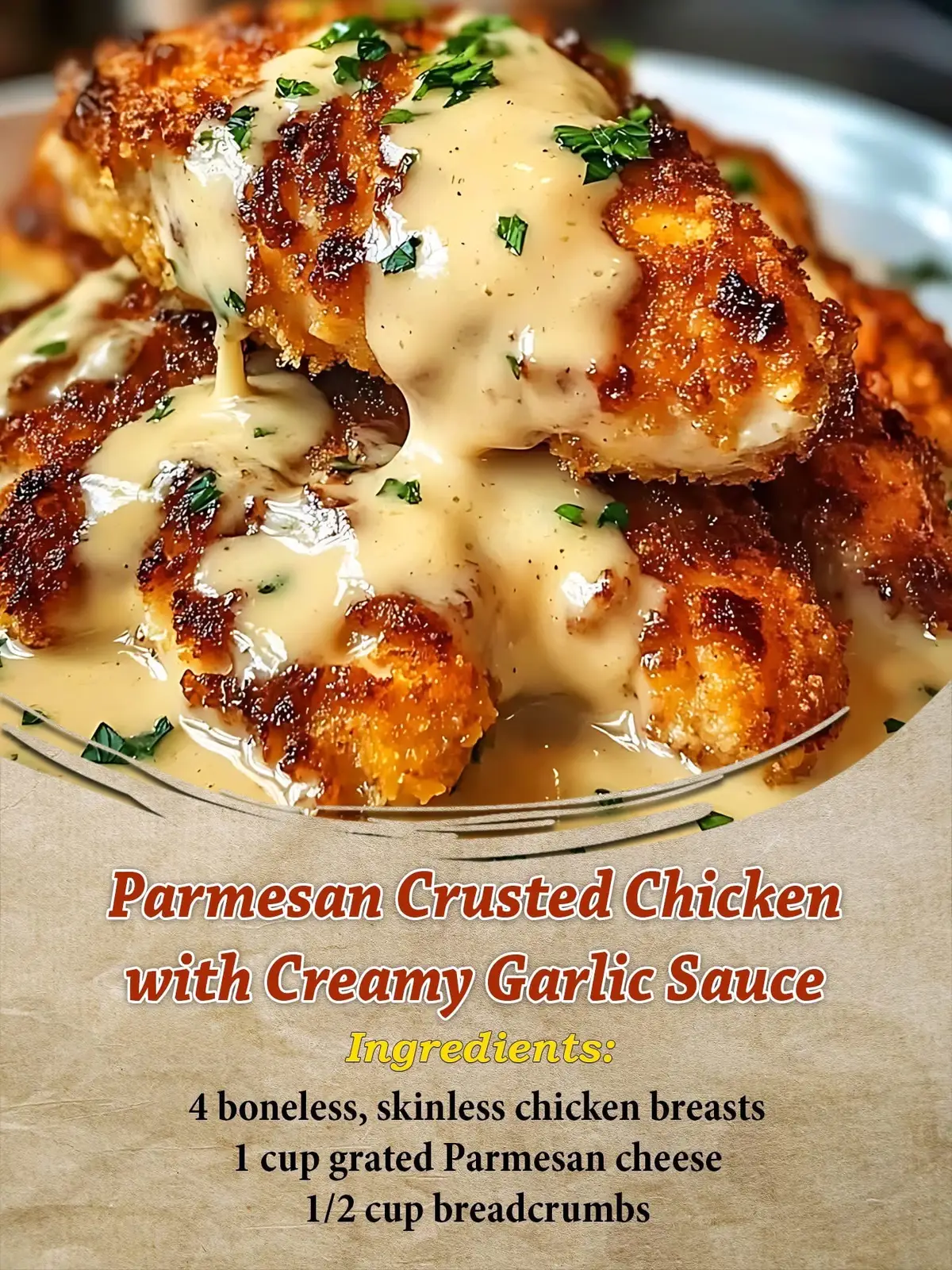 Parmesan Crusted Chicken with Creamy Garlic Sauce Ingredients: 4 boneless, skinless chicken breasts 1 cup grated Parmesan cheese 1/2 cup breadcrumbs 1 teaspoon garlic powder 1/2 teaspoon salt 1/2 teaspoon black pepper 2 eggs, beaten 2 tablespoons olive oil For the Creamy Garlic Sauce: 2 tablespoons unsalted butter 4 cloves garlic, minced 1 cup heavy cream 1/2 cup grated Parmesan cheese Salt and pepper to taste Fresh parsley, chopped (for garnish) Instructions: Prep the Chicken Pound the chicken breasts to an even thickness. In a shallow bowl, mix Parmesan cheese, breadcrumbs, garlic powder, salt, and pepper. In a separate bowl, beat the eggs. Bread the Chicken Dip each chicken breast in the beaten eggs, then coat thoroughly in the Parmesan mixture. Press gently to help the coating stick. Cook the Chicken Heat olive oil in a skillet over medium heat. Cook the chicken for 5 to 6 minutes per side, or until golden brown and cooked through (internal temperature should reach 165°F or 74°C). Flip carefully for an even crust. Make the Garlic Sauce In a saucepan, melt butter over medium heat. Add the minced garlic and sauté for 1 minute. Pour in the heavy cream and stir in Parmesan cheese. Cook until thickened, about 4 to 5 minutes. Season with salt and pepper. Assemble and Serve Plate the chicken and spoon the creamy garlic sauce generously over the top. Garnish with chopped parsley. Serve hot with mashed potatoes, pasta, or steamed vegetables. Prep Time: 20 minutes Cooking Time: 18 minutes Total Time: 38 minutes Per Serving: 520 kcal Servings: 4