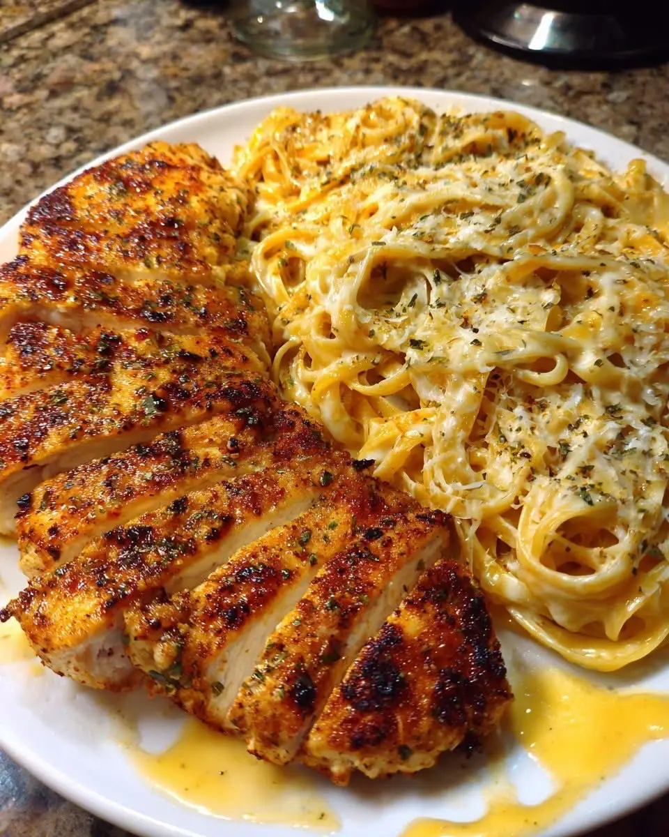 Chicken in Cheesy Alfredo Three-Cheese Linguine Sauce   Ingredients: 2 large boneless, skinless chicken breasts (sliced in half lengthwise for thinner cutlets) 1 tbsp olive oil 1 tbsp unsalted butter 1 tsp Cajun seasoning 1/2 tsp Italian seasoning 1/2 tsp garlic powder Salt and pepper, to taste 2 tbsp unsalted butter 4 cloves garlic, minced 1 cup heavy cream 3/4 cup chicken broth (low sodium) 1 cup shredded mozzarella cheese 1/2 cup grated Parmesan cheese 1/2 cup sharp cheddar cheese 1/4 tsp smoked paprika (optional) Salt and black pepper, to taste 8 oz Linguine Salt for boiling water 1/4 cup reserved pasta water (optional) Fresh parsley, chopped (for garnish) Directions: 1. Bring a large pot of salted water to a boil. Add the linguine and cook until al dente. Drain and set aside. Reserve about 1/4 cup of the pasta water in case the sauce needs thinning later. 2. Season the chicken cutlets with Cajun seasoning, Italian seasoning, garlic powder, salt, and pepper on both sides. 3. In a large skillet, heat the olive oil and 1 tbsp butter over medium-high heat. Add the seasoned chicken and cook for 5–6 minutes per side until golden and cooked through. Remove the chicken and set aside. 4. In the same skillet, melt 2 tbsp butter over medium heat. Add the minced garlic and sauté for 1–2 minutes until fragrant, but not browned. 5. Pour in the chicken broth and heavy cream. Stir and bring to a gentle simmer. Let it cook for 2–3 minutes to warm through. 6. Lower the heat and stir in mozzarella, Parmesan, and cheddar cheese. Stir constantly until the sauce becomes thick, creamy, and smooth. Add smoked paprika if using, and season with salt and black pepper to taste. Add a splash of the reserved pasta water if the sauce is too thick. 7. Add the cooked linguine to the skillet and toss until fully coated in the three-cheese Alfredo sauce. 8. Place the cooked chicken on top of the cheesy linguine. Spoon some sauce over the chicken, then sprinkle extra mozzarella or cheddar on top. Cover the skillet for 1–2 minutes until the cheese melts visibly over the chicken. 9. Garnish with chopped fresh parsley and serve warm. Add more cheese on top if you’re feeling indulgent! Cooking Time:30 minutes Servings:4 Calories: 800 per serving