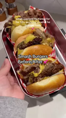 Smash Burgers 💕 #food #packinglunchformyfiance #packinglunchformyhusband #lunch #FoodTok #packinglunch #lunchbox #asmr #stayathomefiance #packinglunchformyboyfriend #whatipackedvswhattheyate 