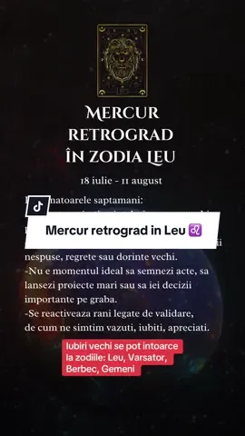 Mercur, planeta gandirii si comunicarii, retrogradeaza acum in Leu ♌️ zodia increderii in sine, a creativitatii si a exprimarii autentice. Tips: Revino la pasiunile tale vechi, scrie, deseneaza, canta. Intra in joc, dar nu lua totul personal. E un retrograd in Leu, nu un atac la persoana. #oanastars #mercurretrograd #zodialeu #previziuni 