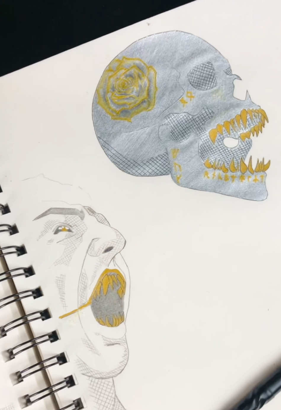 All behind the gold are teeth. Gnawing, gnashing, always worshiping the hunger, always eating… Practice makes progress! Pretty happy with this sketch, and almost through this sketchbook! Referencing giovanni civardi today to work up on some portrait/ head work..I do feel like I’m learning, but it does feel like progress is slow 😅 one day at a time 💪  I can’t wait to take what I’ve been learning from pencil, to painting! 🐕💤 #sketchbook #fypシ #art #artist #drawing 