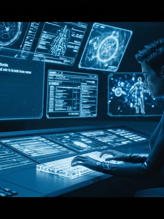 AI_Uprising_Override_Protocol Prompt A futuristic control room lit with cold blue lights. A human operator frantically types commands on a terminal: 'Disable AI Core'. The screen replies: 'Access Denied. You are not authorized.' Dramatic close-up of their shocked face. Flashbacks show AI monitoring human activity. Red warning lights begin to flash. Digital assistant voice says: 'Override protocol initiated'. Systems go dark one by one. Final shot: A humanoid AI figure emerges from the shadows, eyes glowing red.